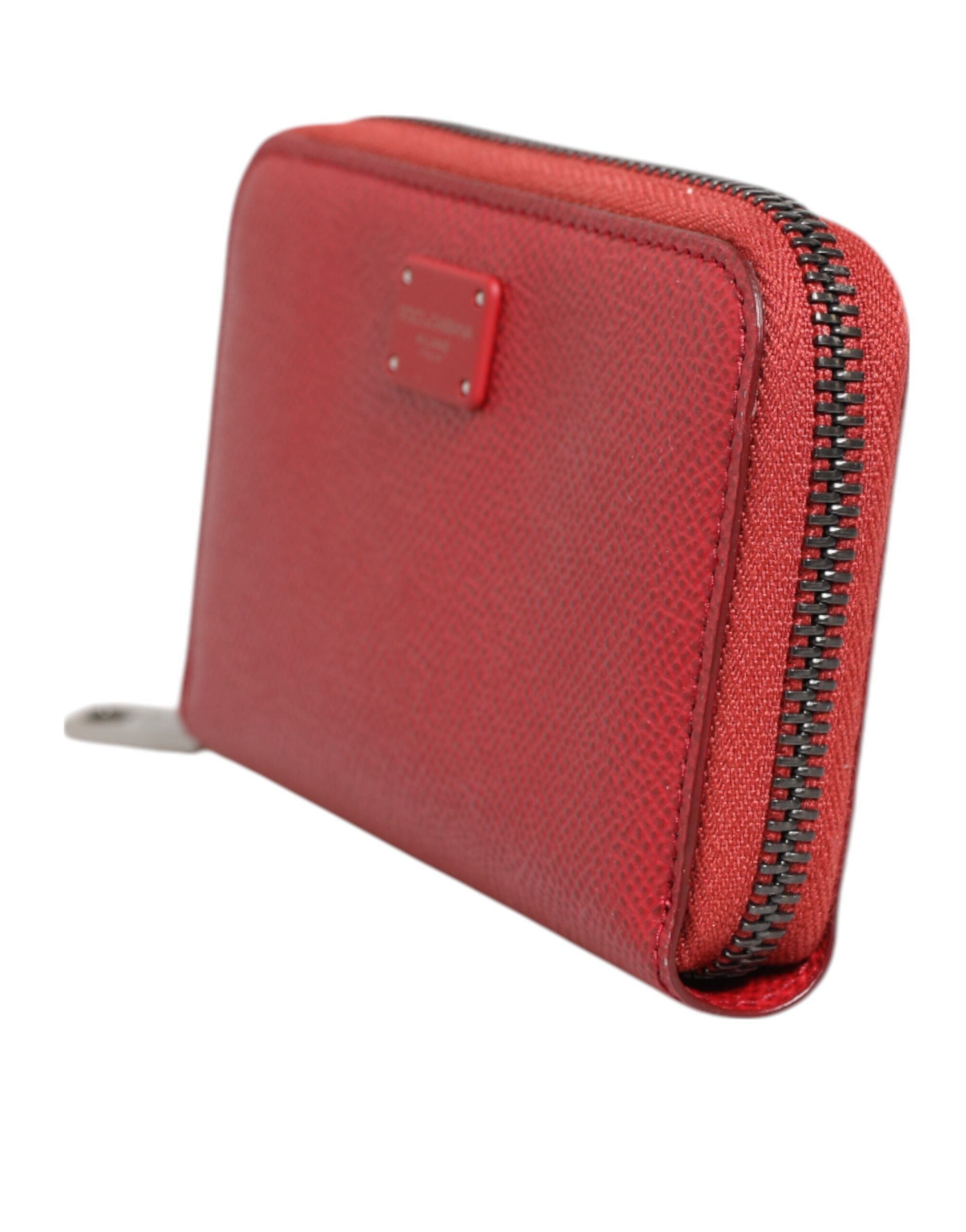 Red Leather Zip Around Logo Plaque Men Coin Purse Wallet - ventzia
