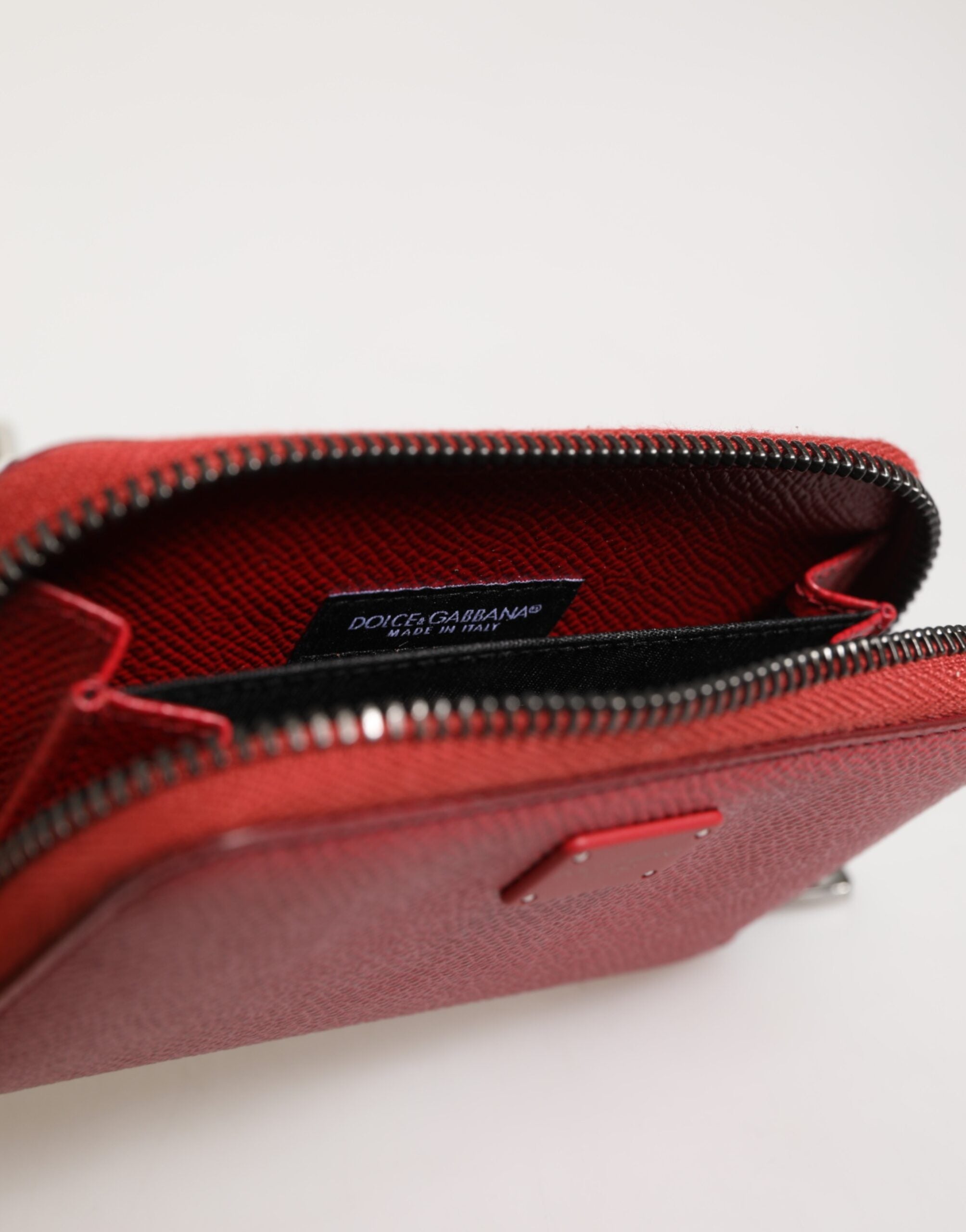 Red Leather Zip Around Logo Plaque Men Coin Purse Wallet - ventzia