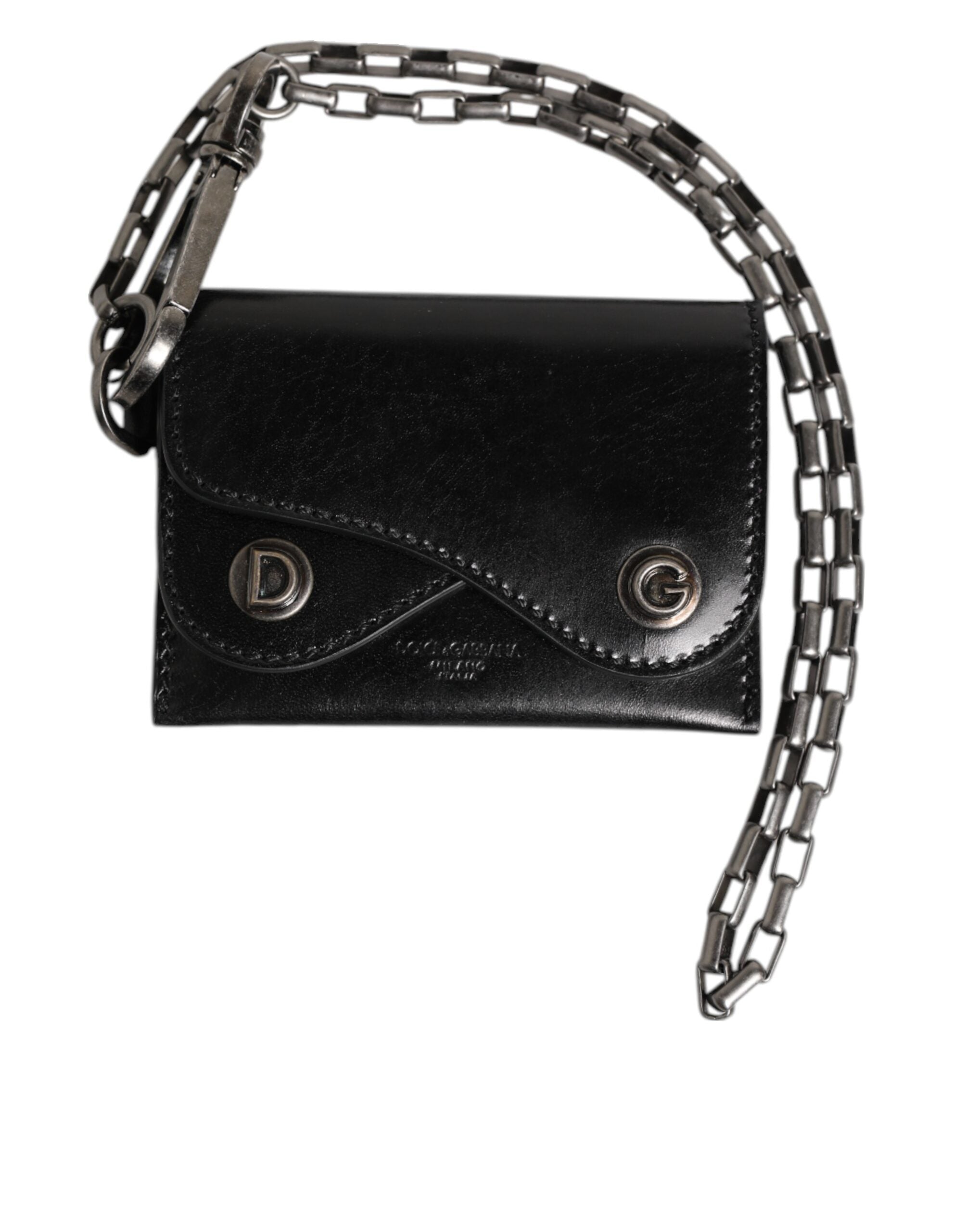 Black Cavallo Leather Wallet Chain Snap Bifold Card Holder - ventzia