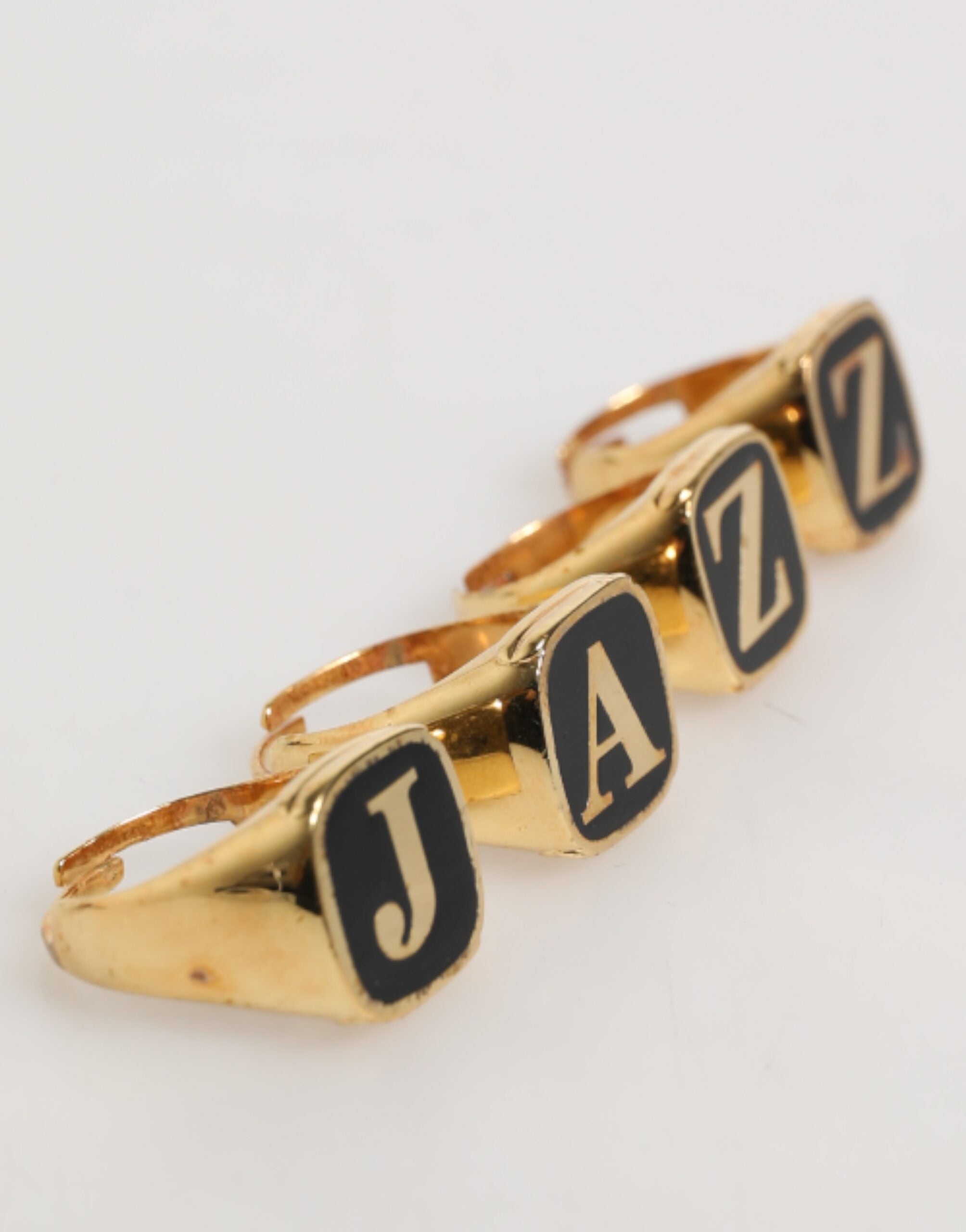 Gold Tone Brass JAZZ Letter Set 4 Pieces Adjustable Ring - ventzia