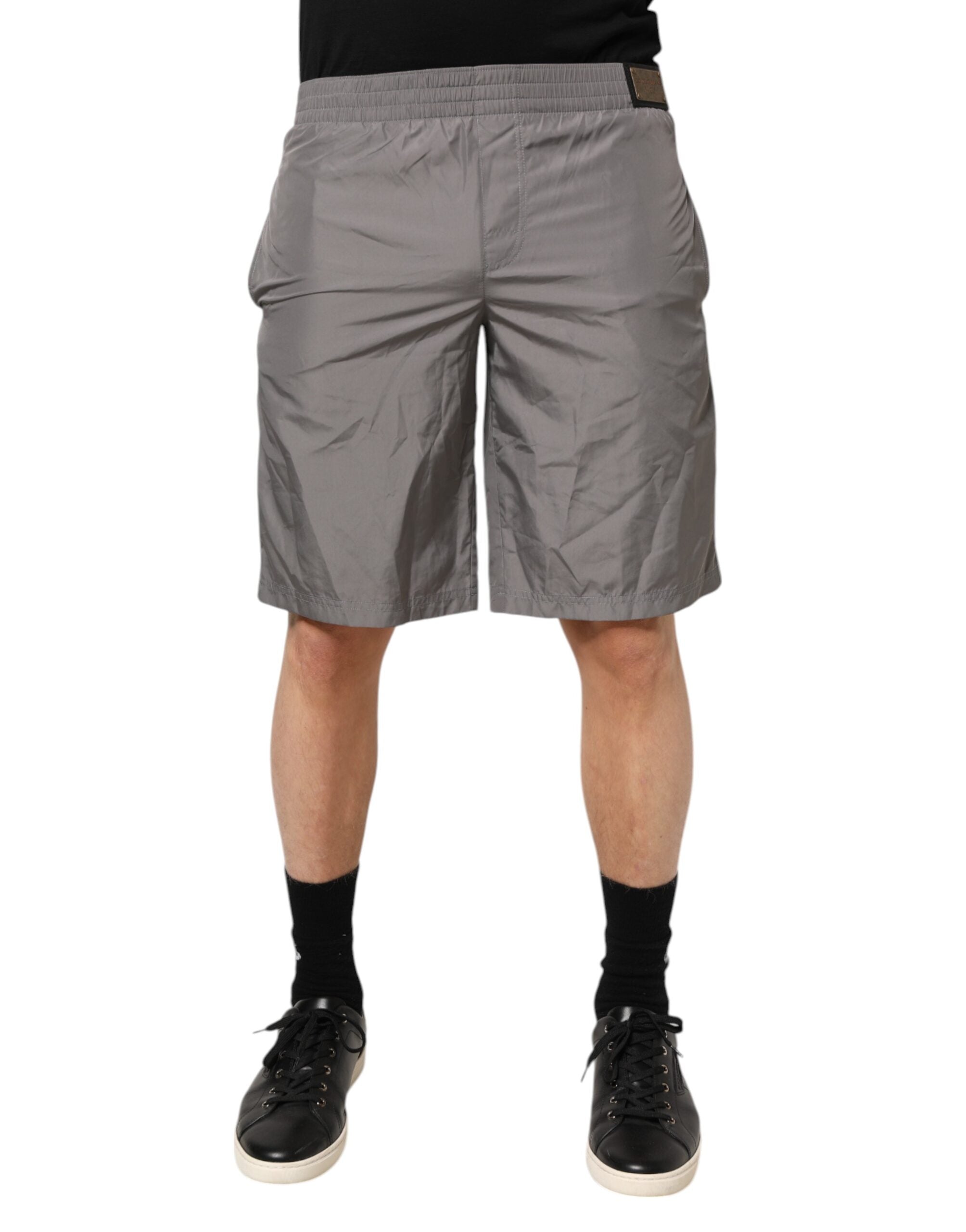 Light Gray Nylon Elastic Waist Shorts Swimwear - ventzia