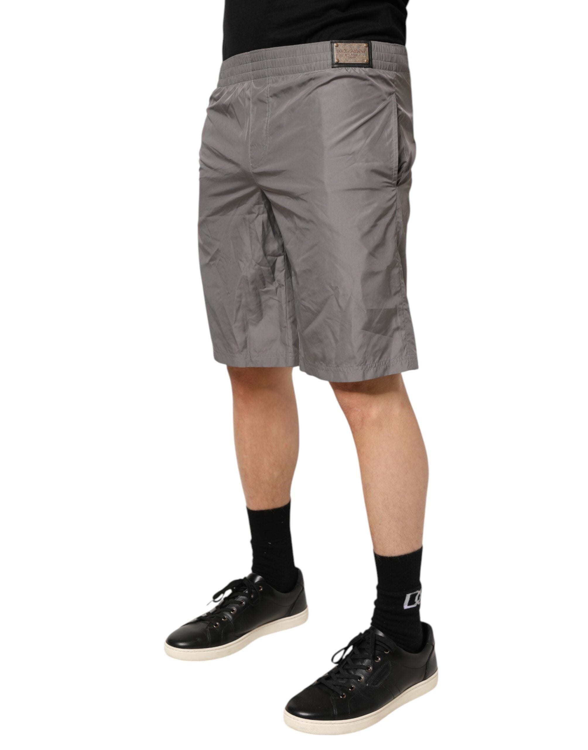 Light Gray Nylon Elastic Waist Shorts Swimwear - ventzia