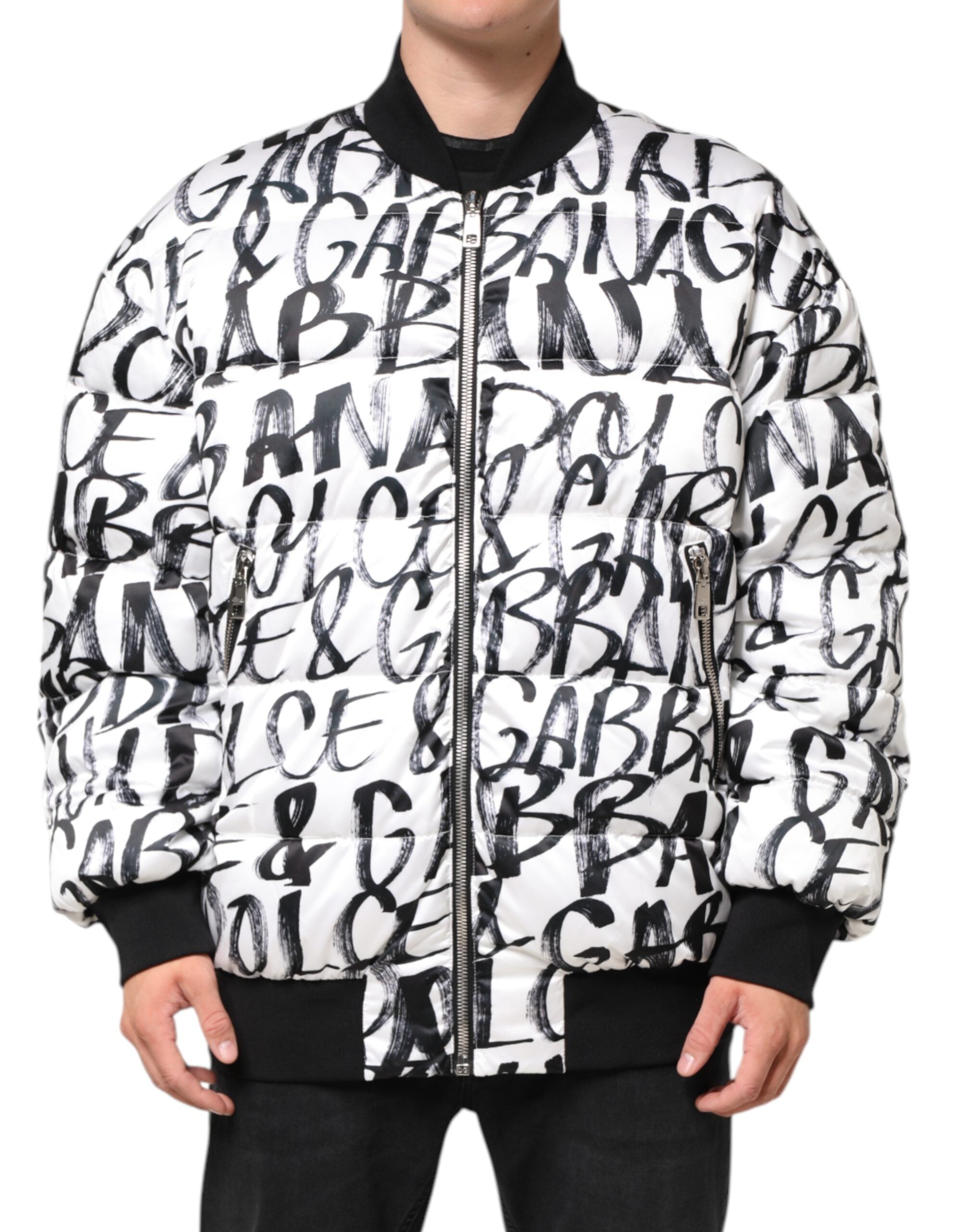 White Black Graffiti Logo Puffer Bomber Jacket - ventzia