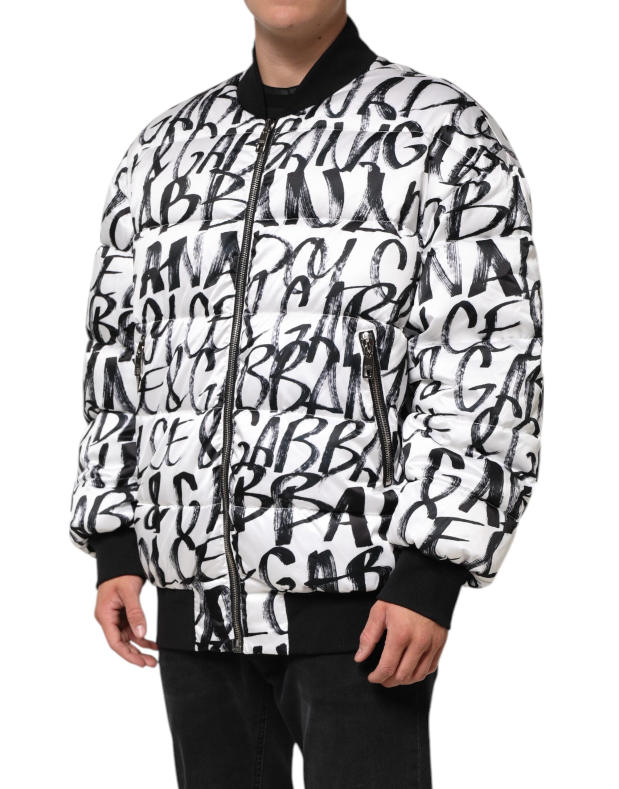 White Black Graffiti Logo Puffer Bomber Jacket - ventzia