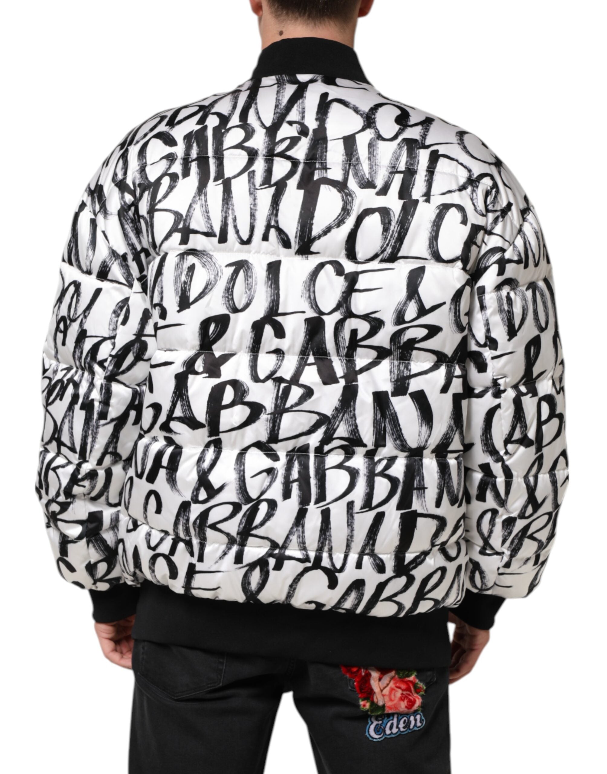 White Black Graffiti Logo Puffer Bomber Jacket - ventzia