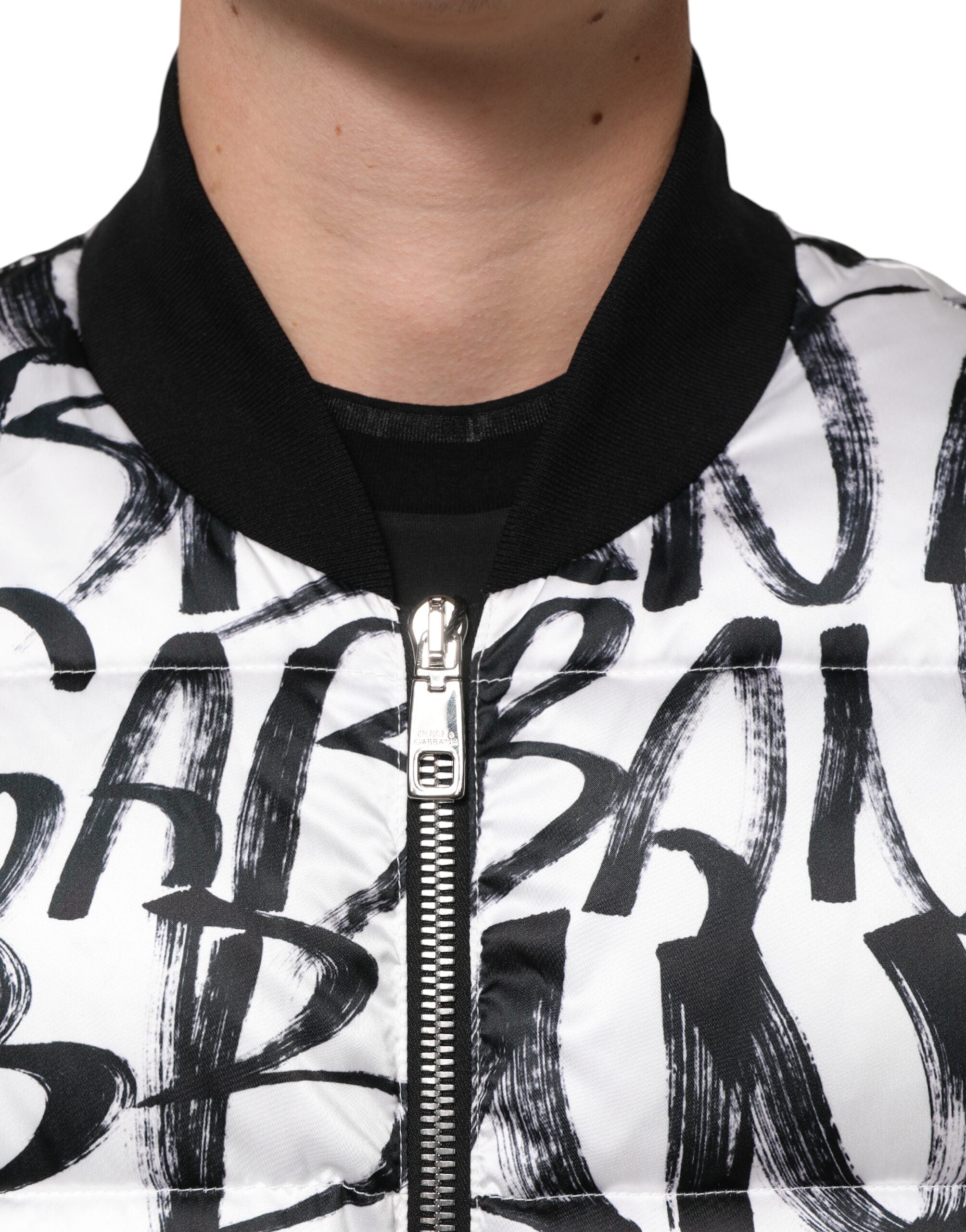 White Black Graffiti Logo Puffer Bomber Jacket - ventzia