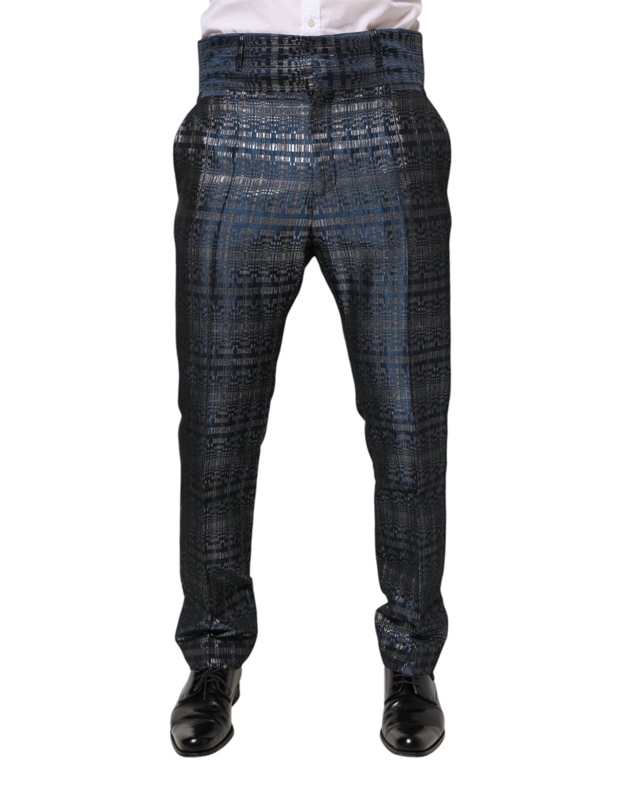 Blue Silver Shiny Silk Skinny Men Trouser Pants - ventzia