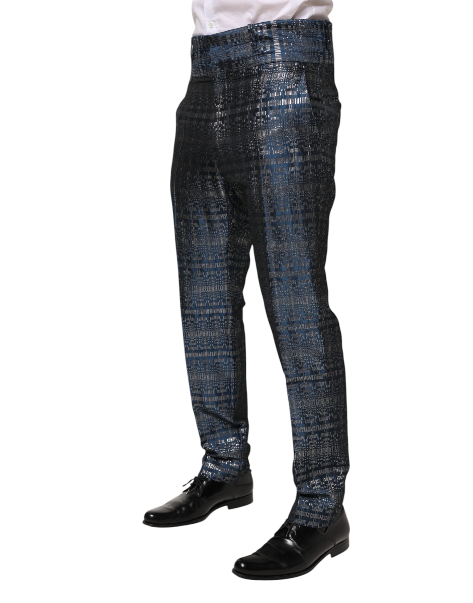 Blue Silver Shiny Silk Skinny Men Trouser Pants - ventzia