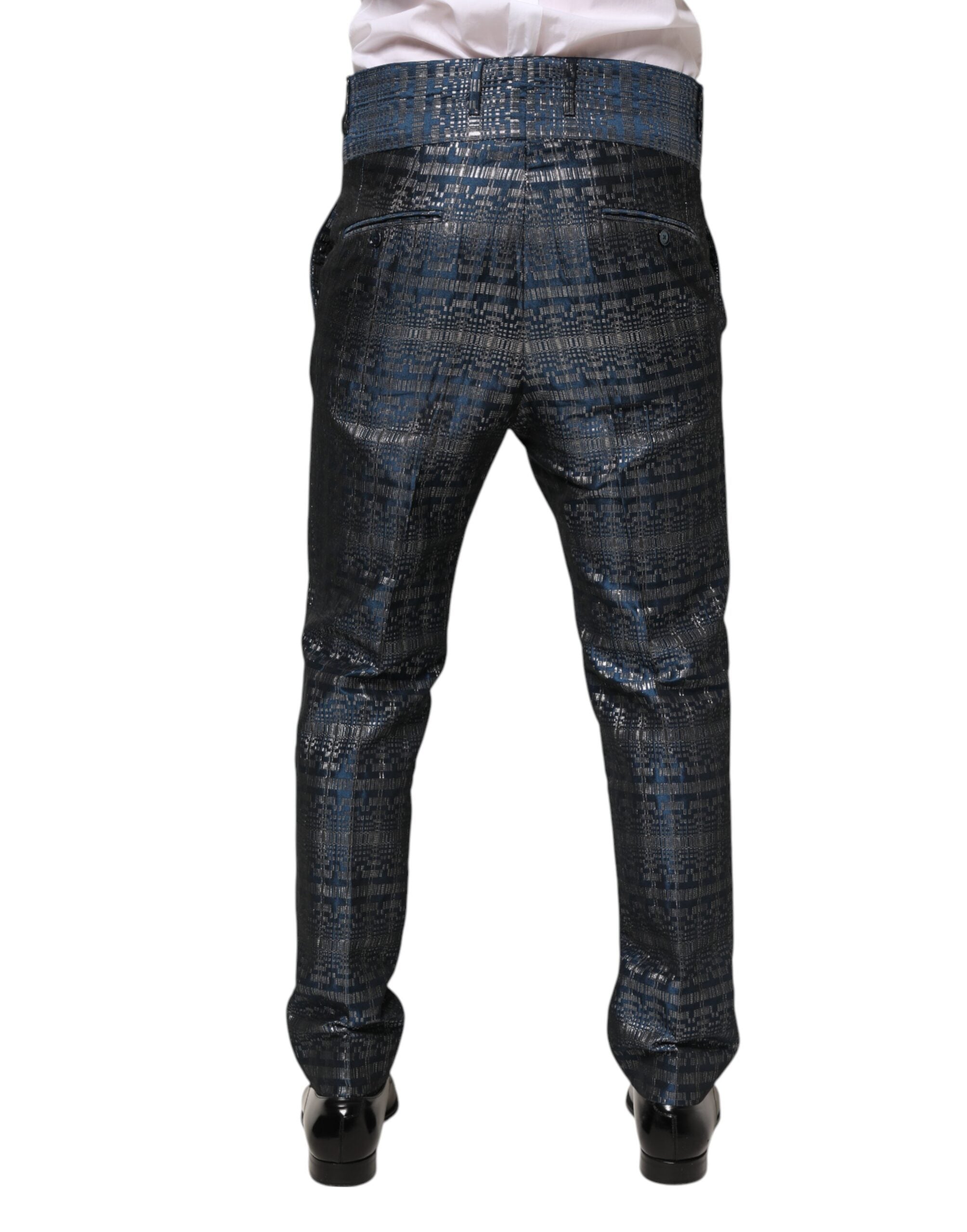Blue Silver Shiny Silk Skinny Men Trouser Pants - ventzia