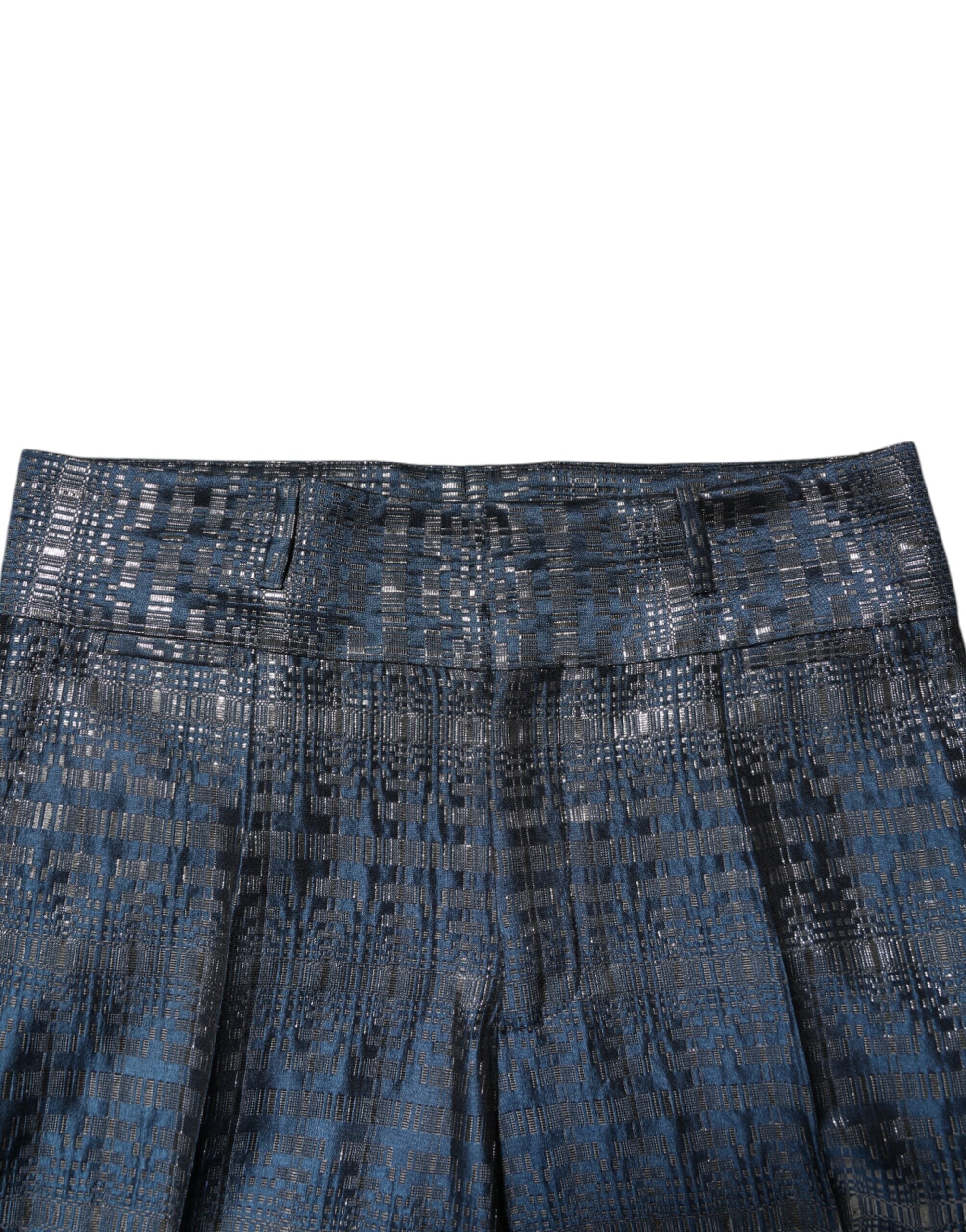 Blue Silver Shiny Silk Skinny Men Trouser Pants - ventzia