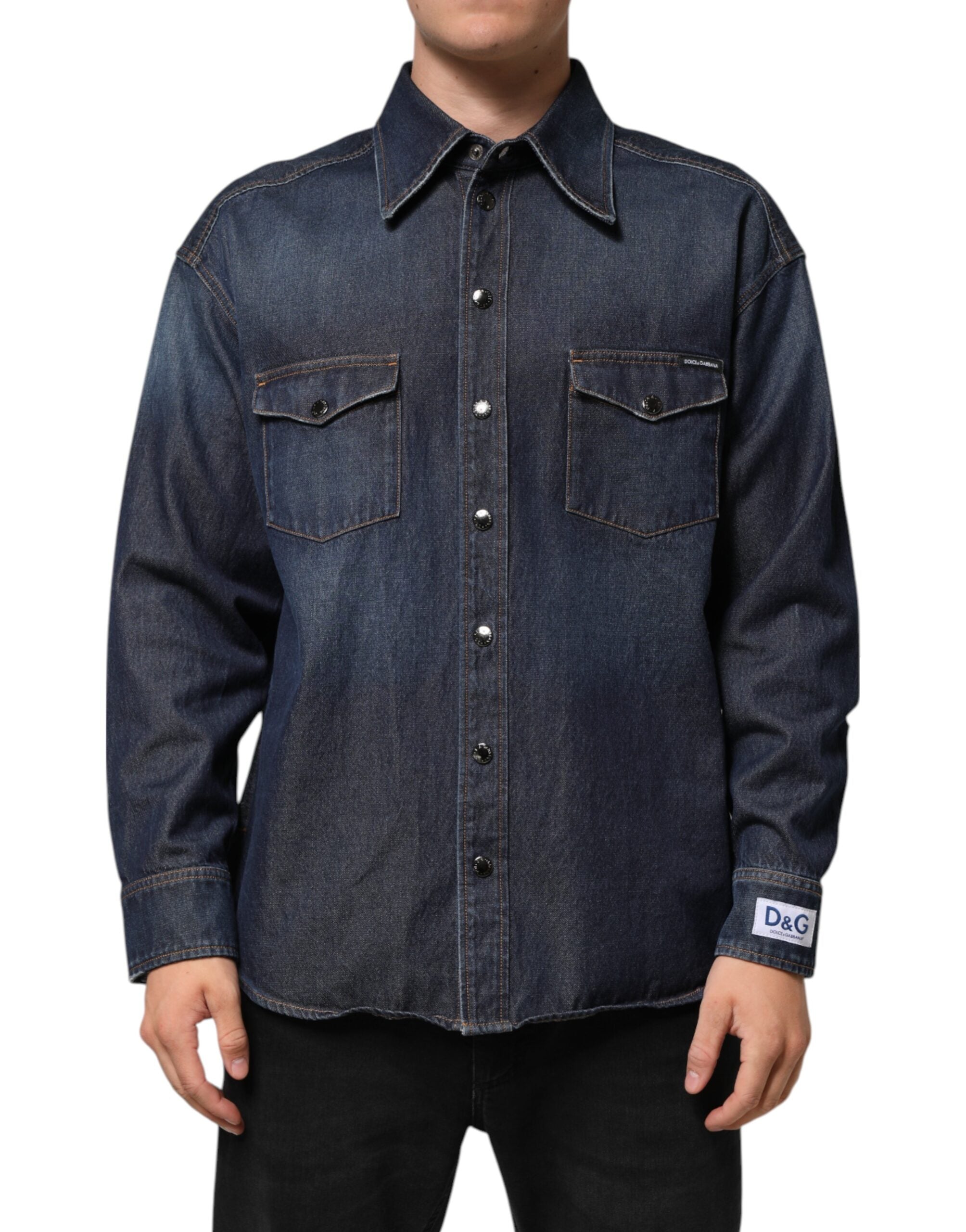 Blue Denim Button Casual Logo Patch Men Shirt - ventzia
