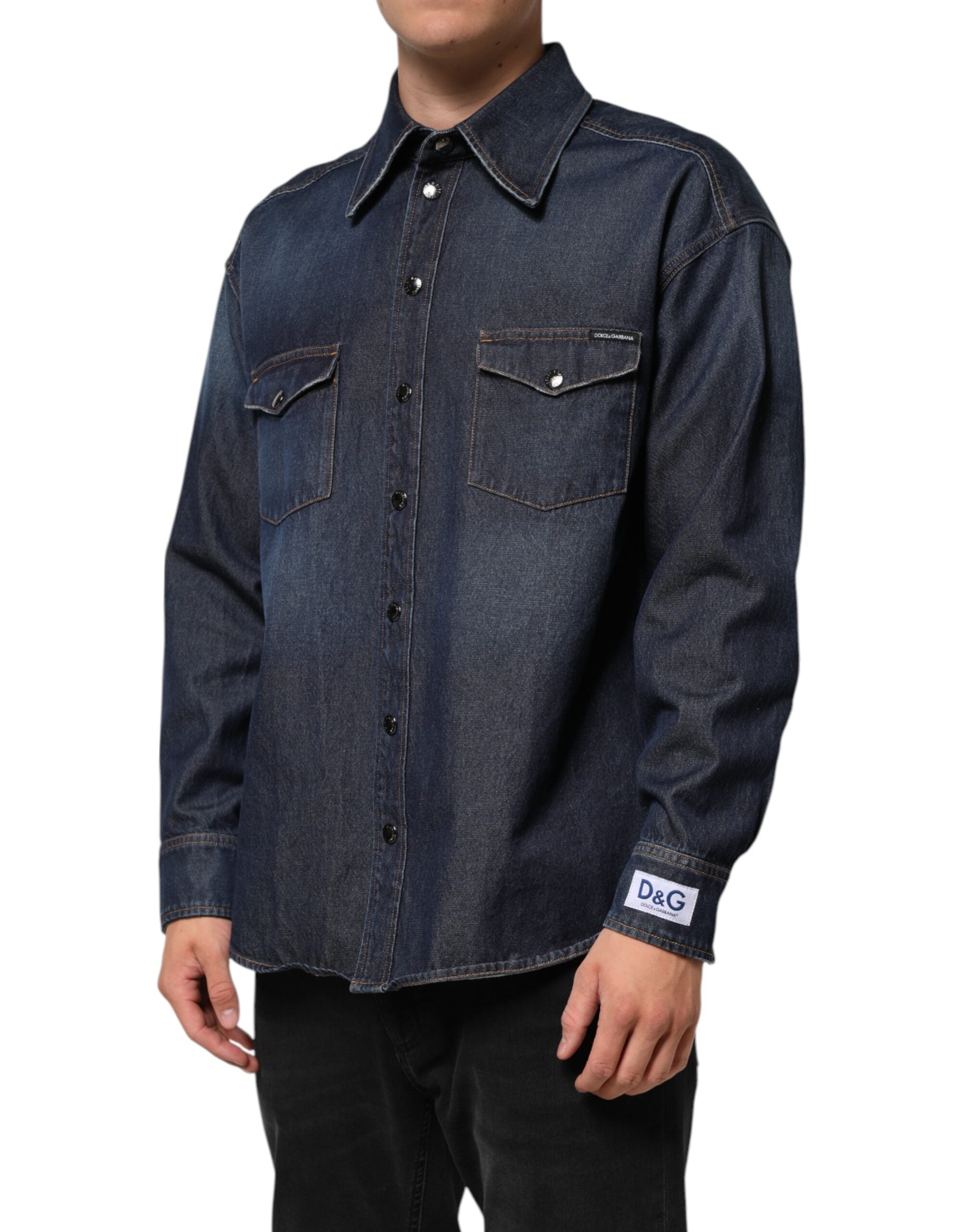 Blue Denim Button Casual Logo Patch Men Shirt - ventzia