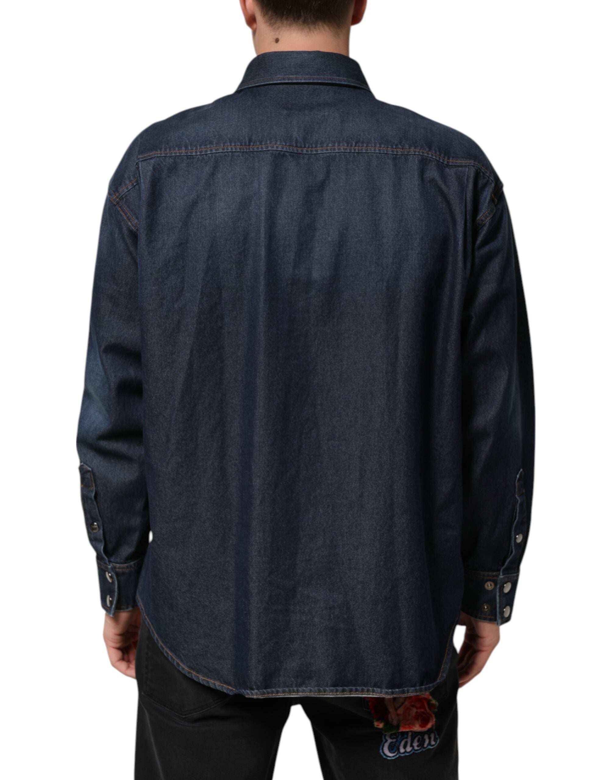 Blue Denim Button Casual Logo Patch Men Shirt - ventzia