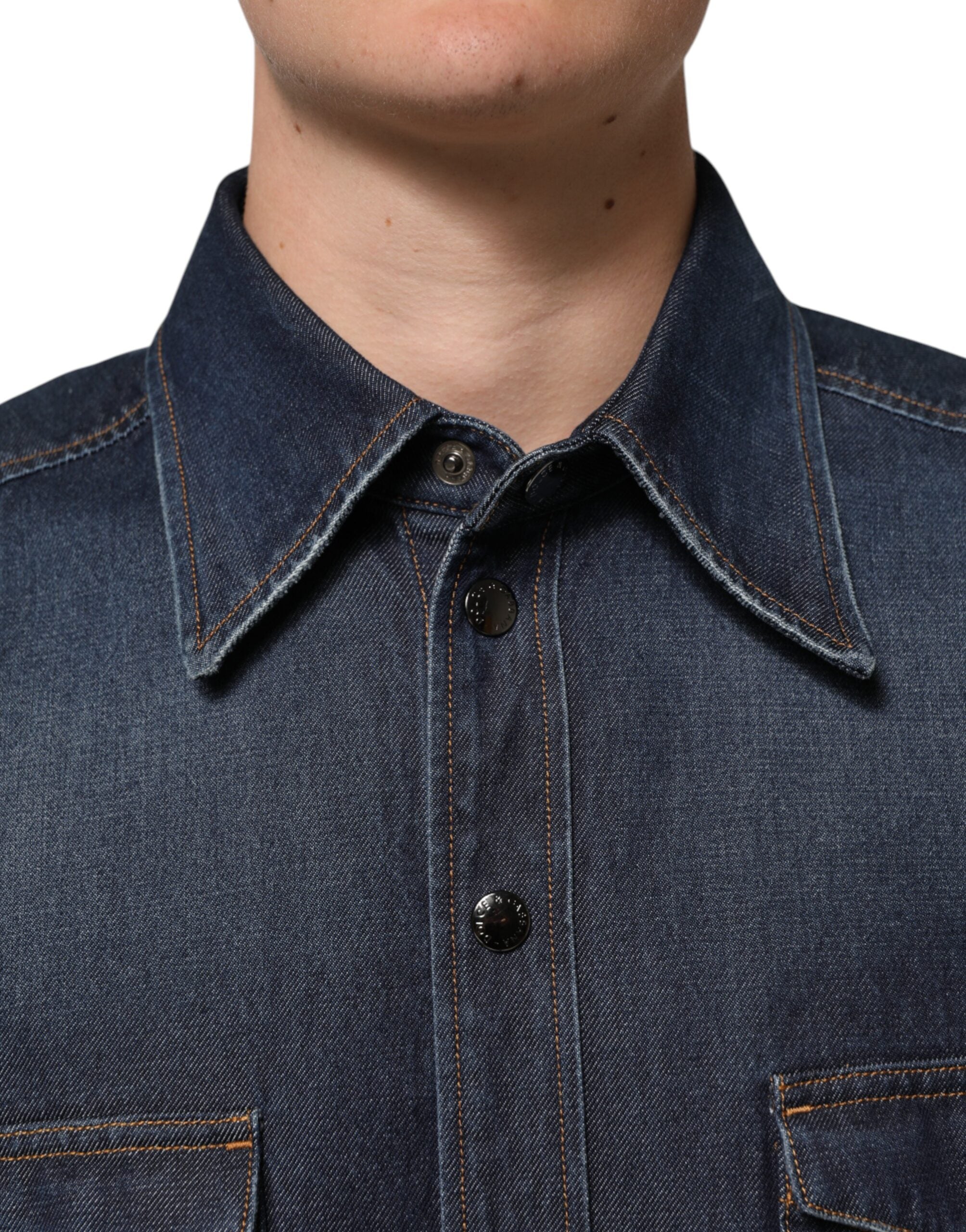 Blue Denim Button Casual Logo Patch Men Shirt - ventzia