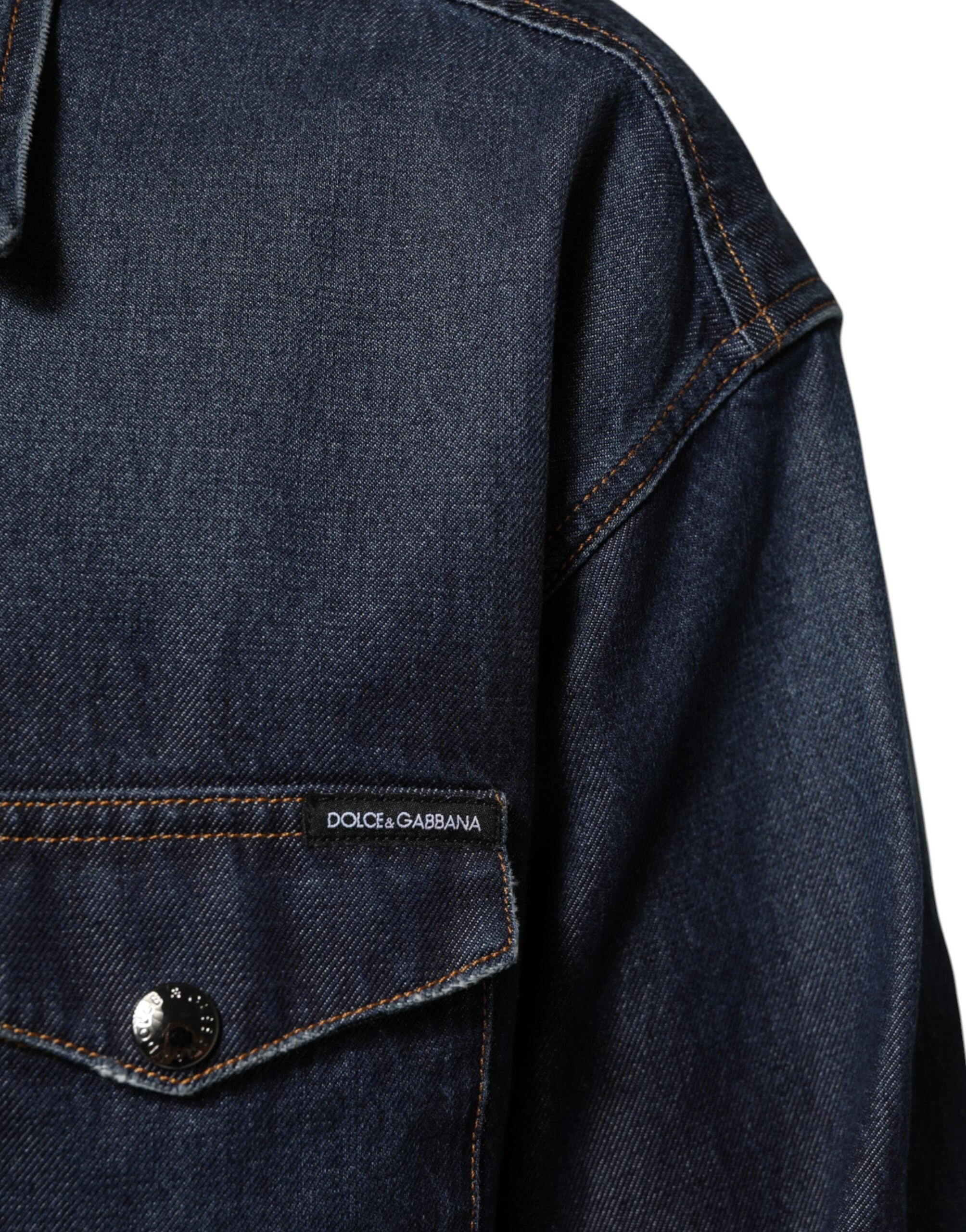 Blue Denim Button Casual Logo Patch Men Shirt - ventzia