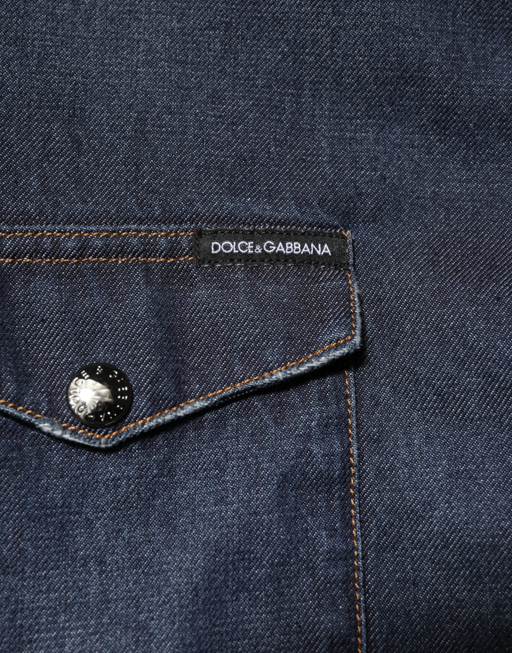 Blue Denim Button Casual Logo Patch Men Shirt - ventzia