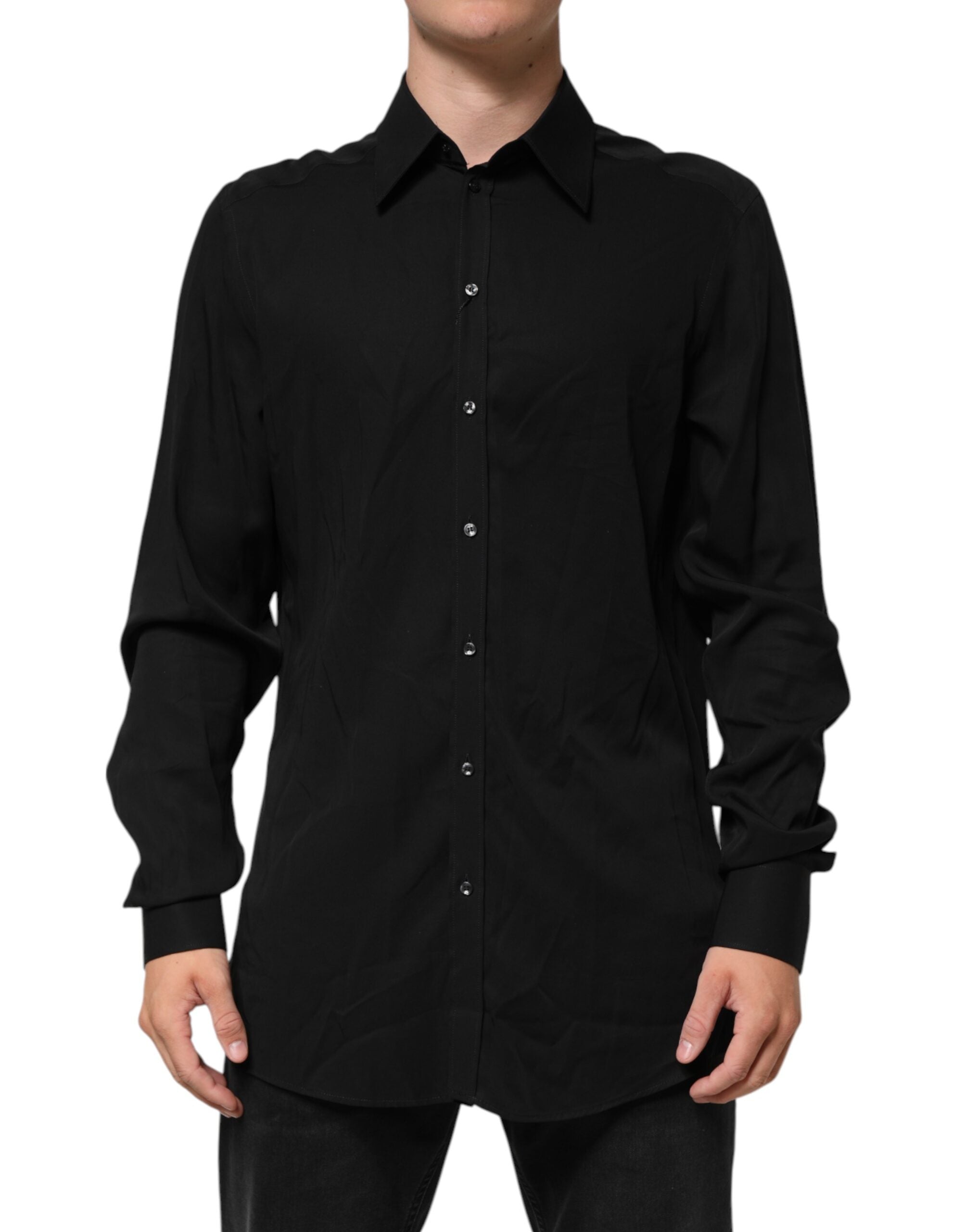 Black Viscose Long Sleeve Formal Dress Shirt - ventzia