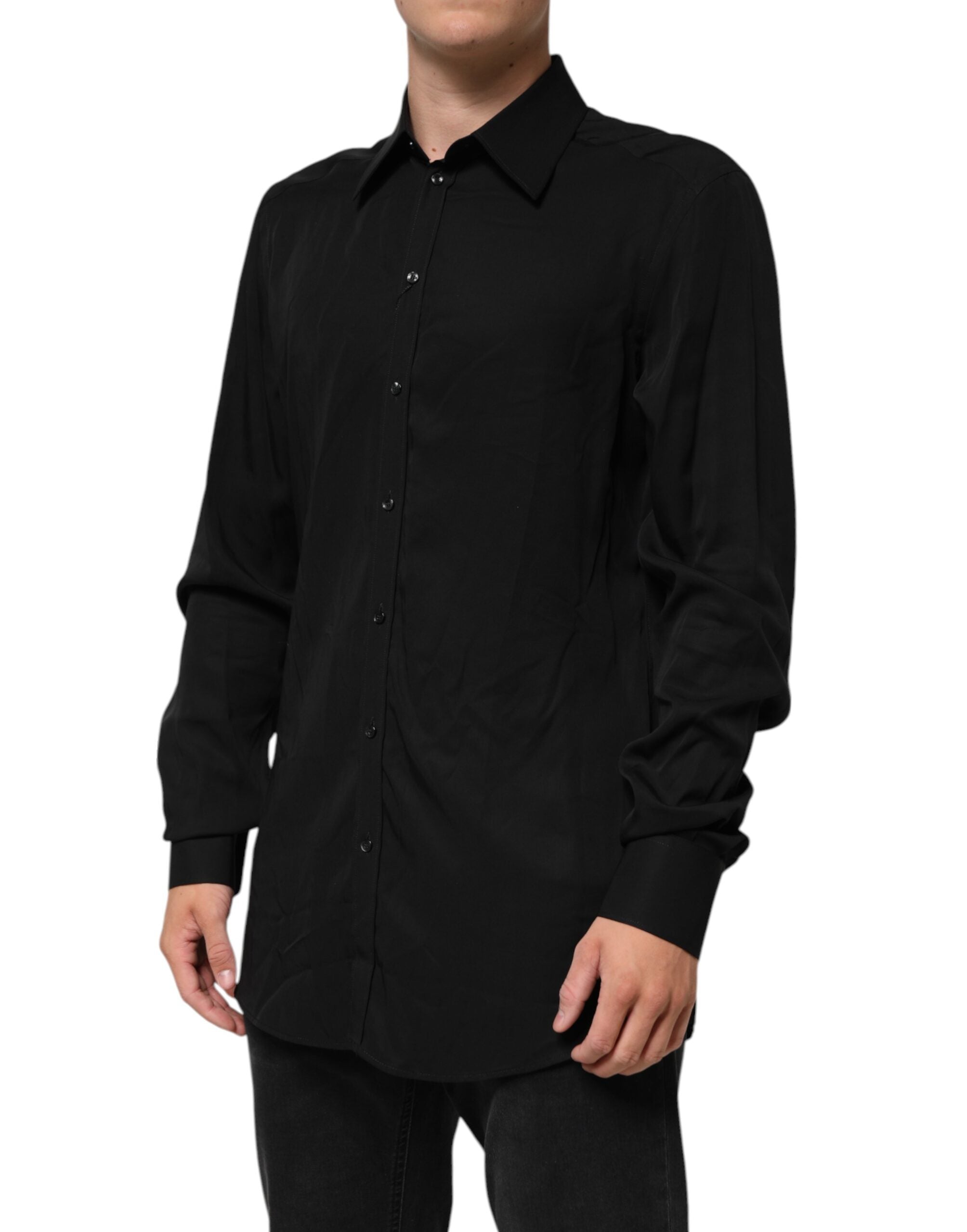Black Viscose Long Sleeve Formal Dress Shirt - ventzia