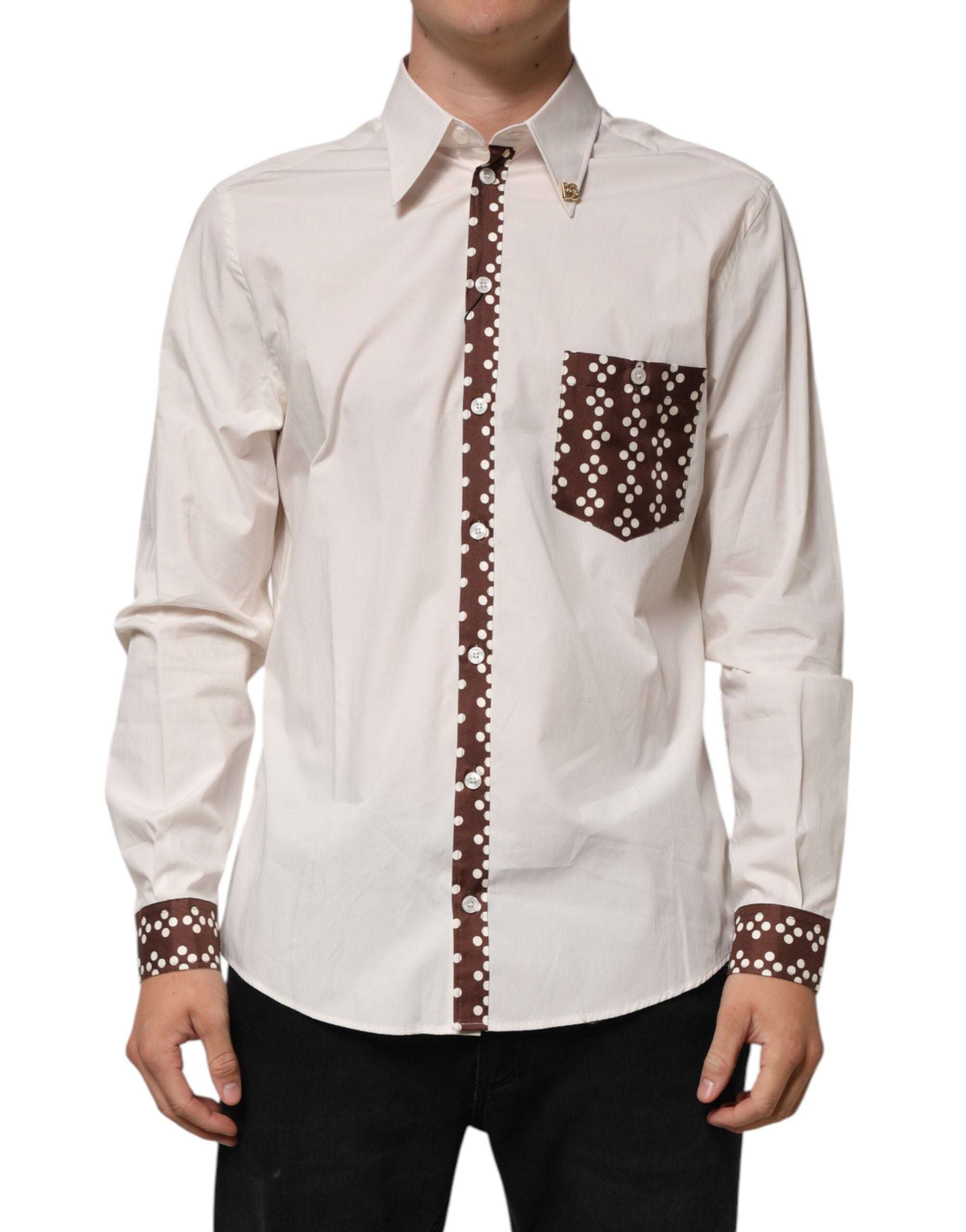 Cream White Cotton Polka Dot Slim Fit Shirt - ventzia