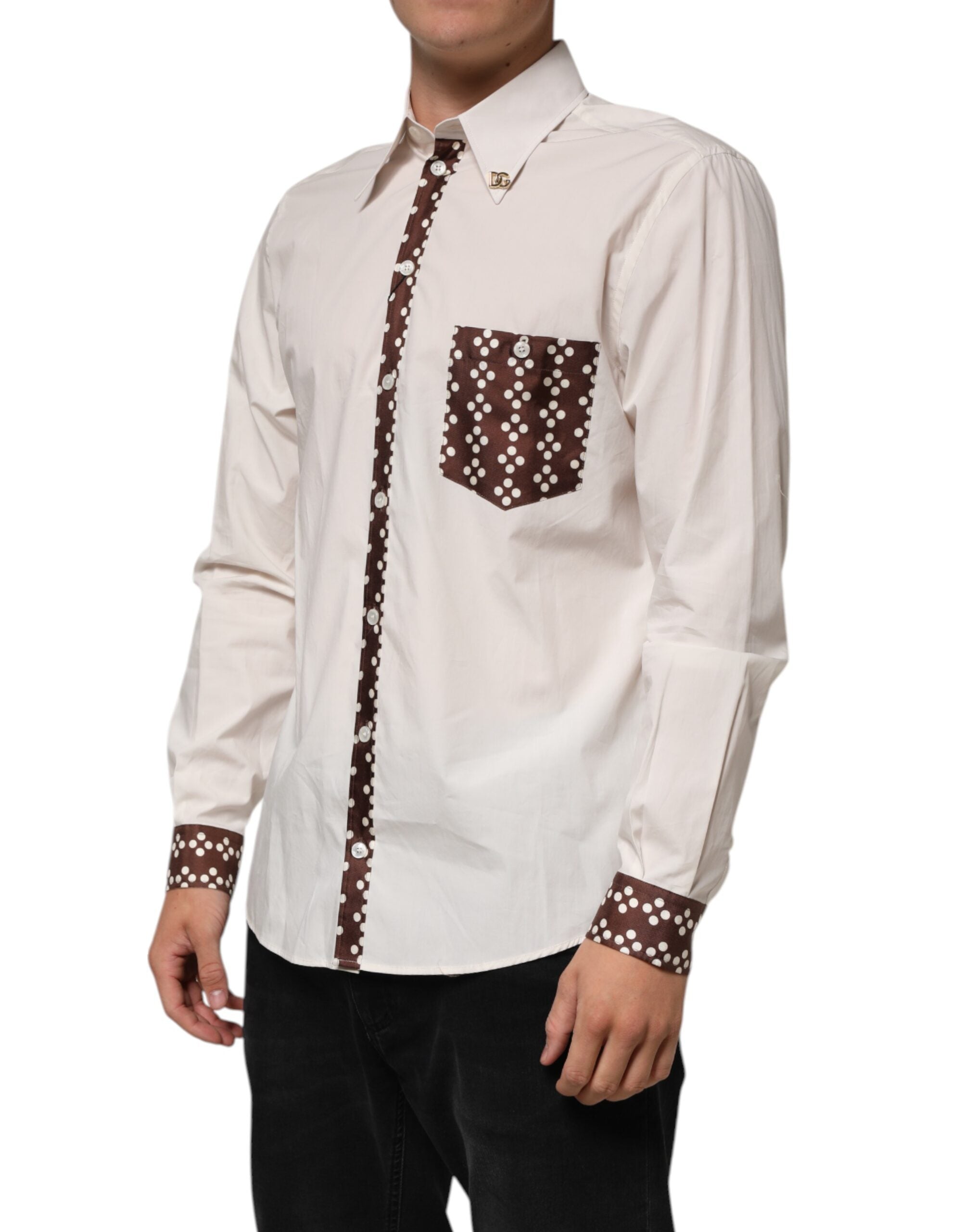 Cream White Cotton Polka Dot Slim Fit Shirt - ventzia