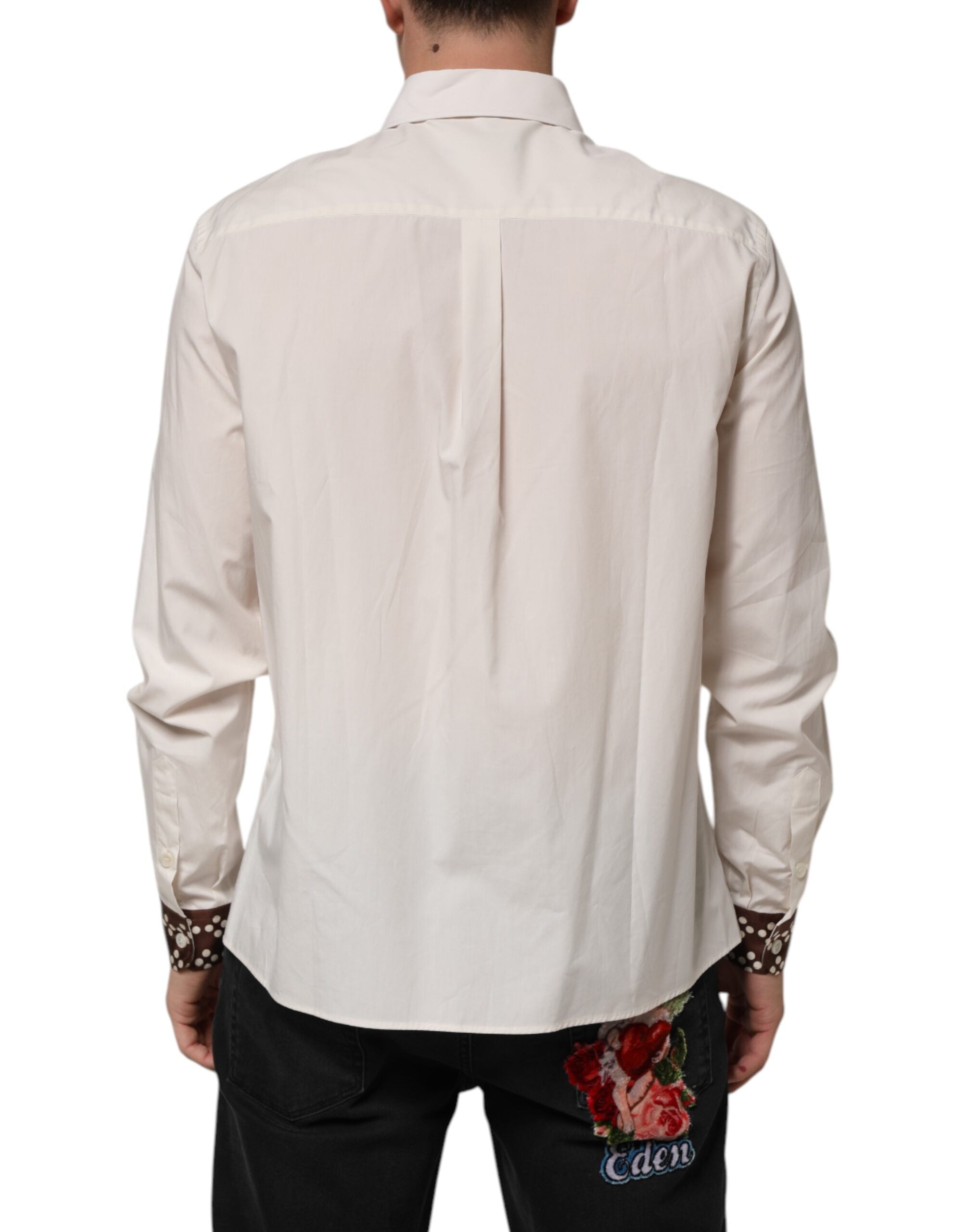 Cream White Cotton Polka Dot Slim Fit Shirt - ventzia