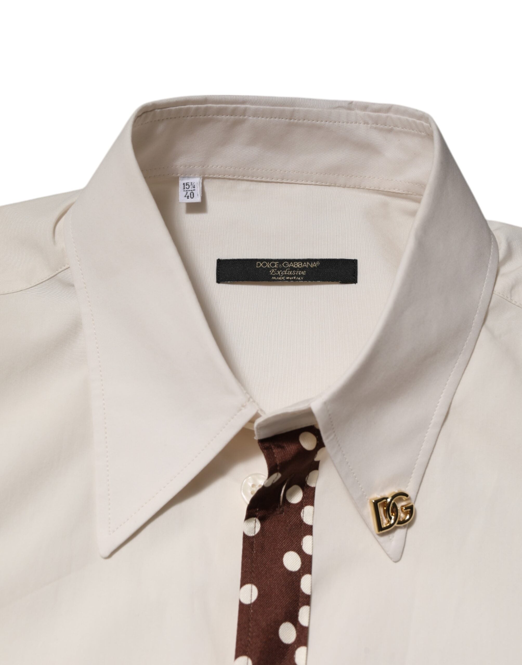 Cream White Cotton Polka Dot Slim Fit Shirt - ventzia