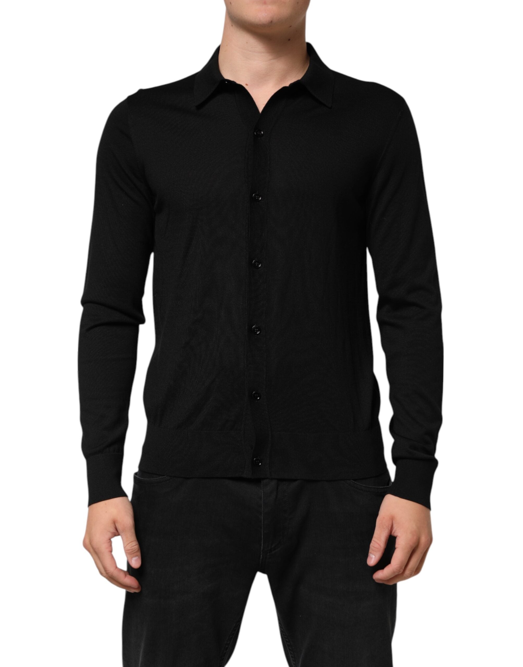 Black Silk Button Up Lightweight Sweater - ventzia