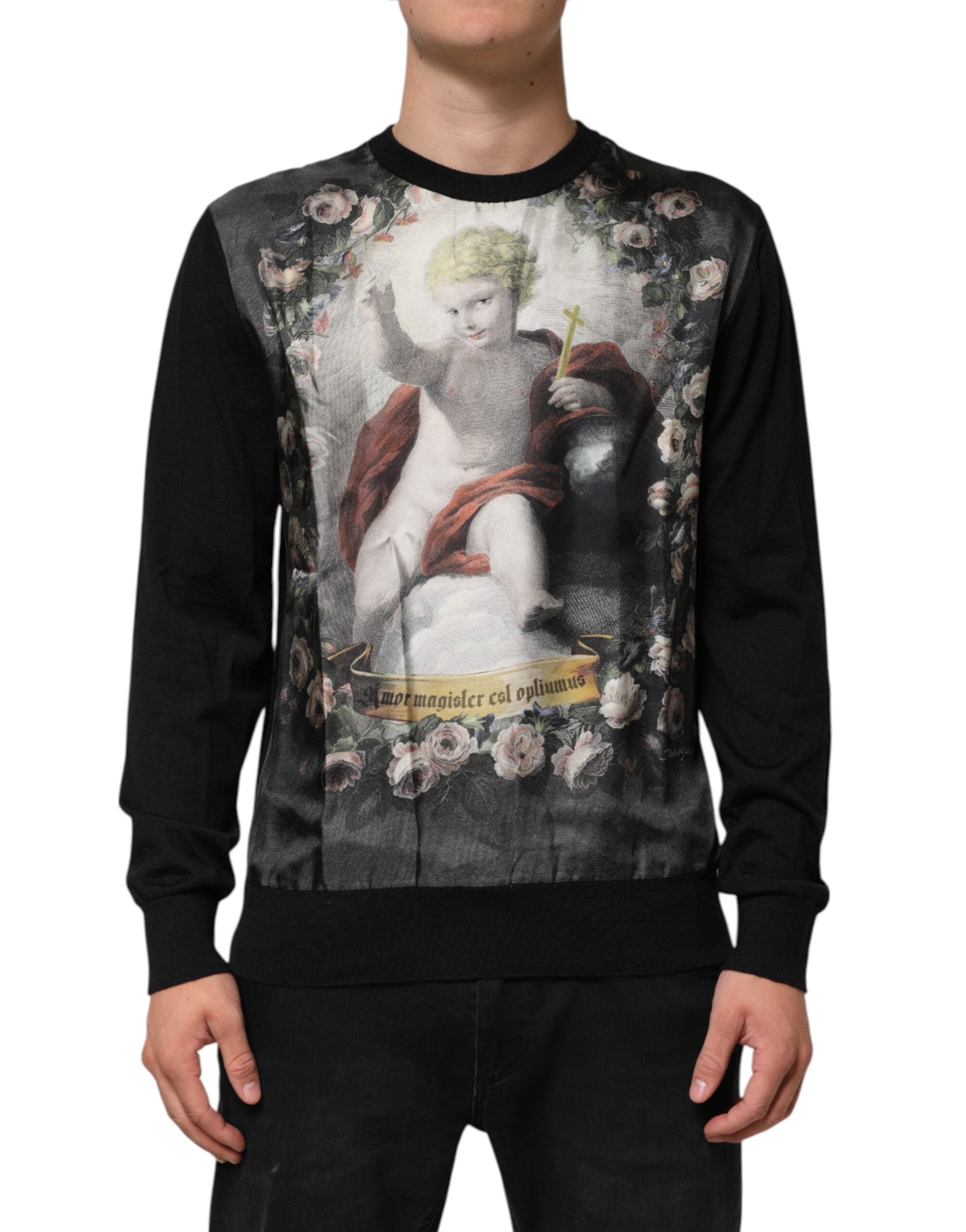 Black Cashmere Cherub Print Baroque Sweater - ventzia