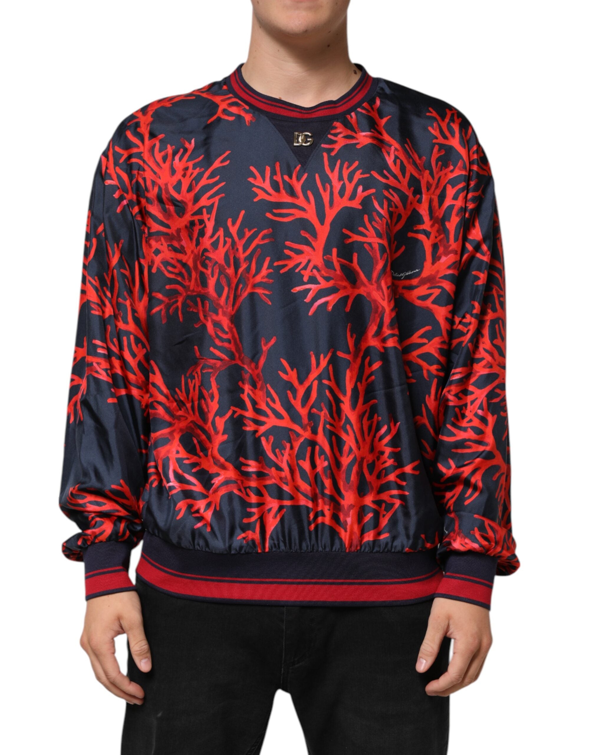 Silk Navy Red Coral Print Pullover Sweater - ventzia