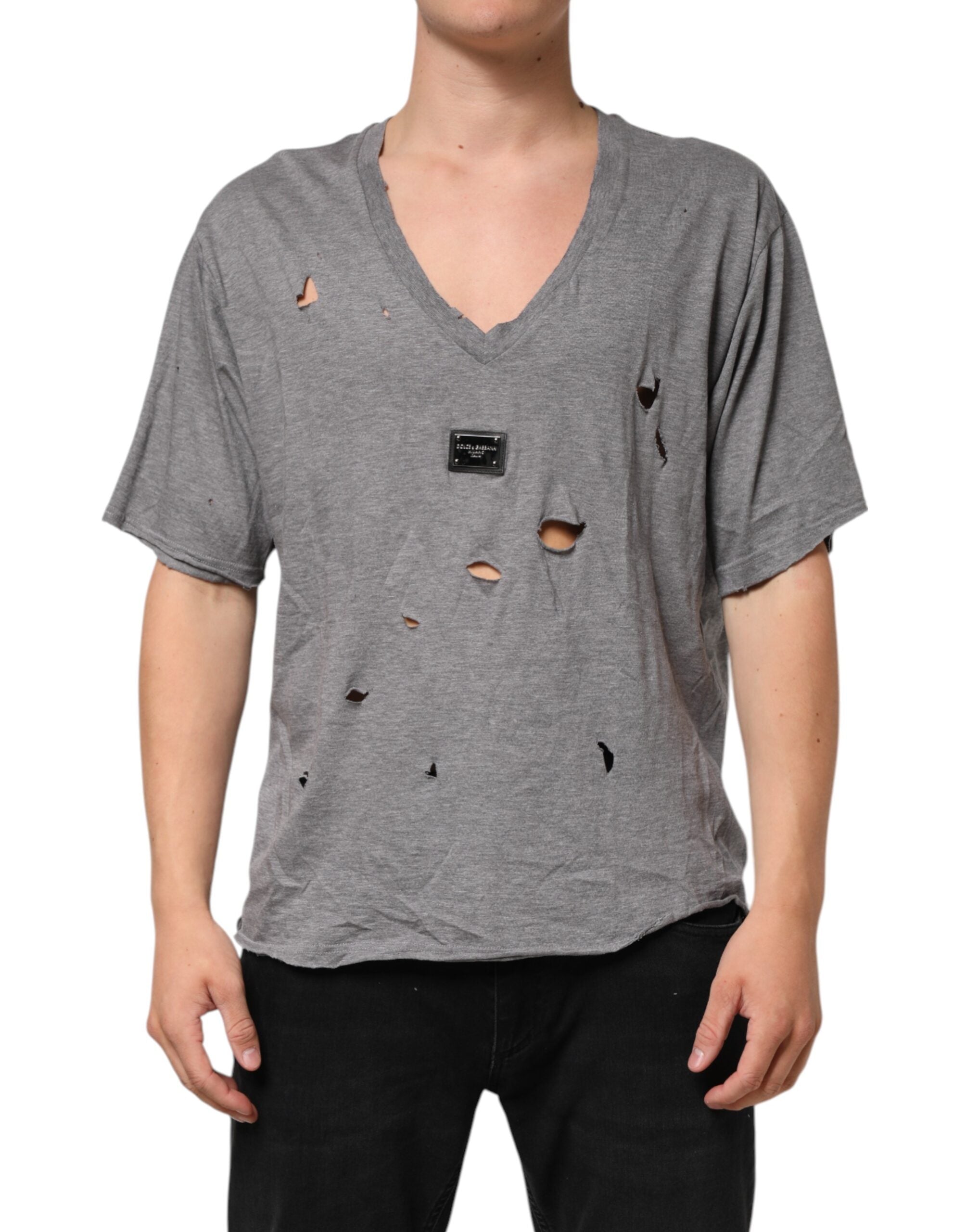 Gray Cotton Tattered Logo Patch Men T-shirt - ventzia