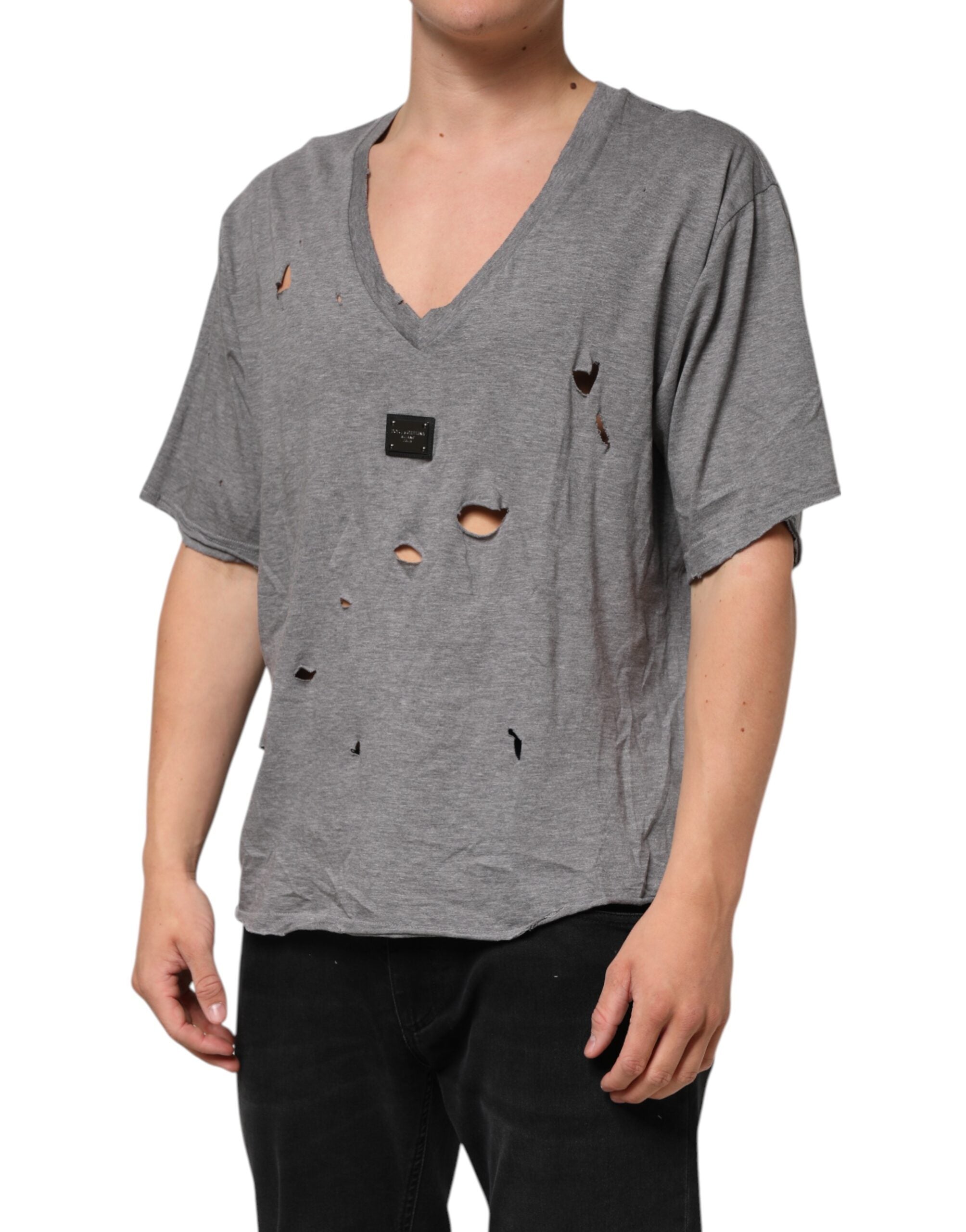 Gray Cotton Tattered Logo Patch Men T-shirt - ventzia