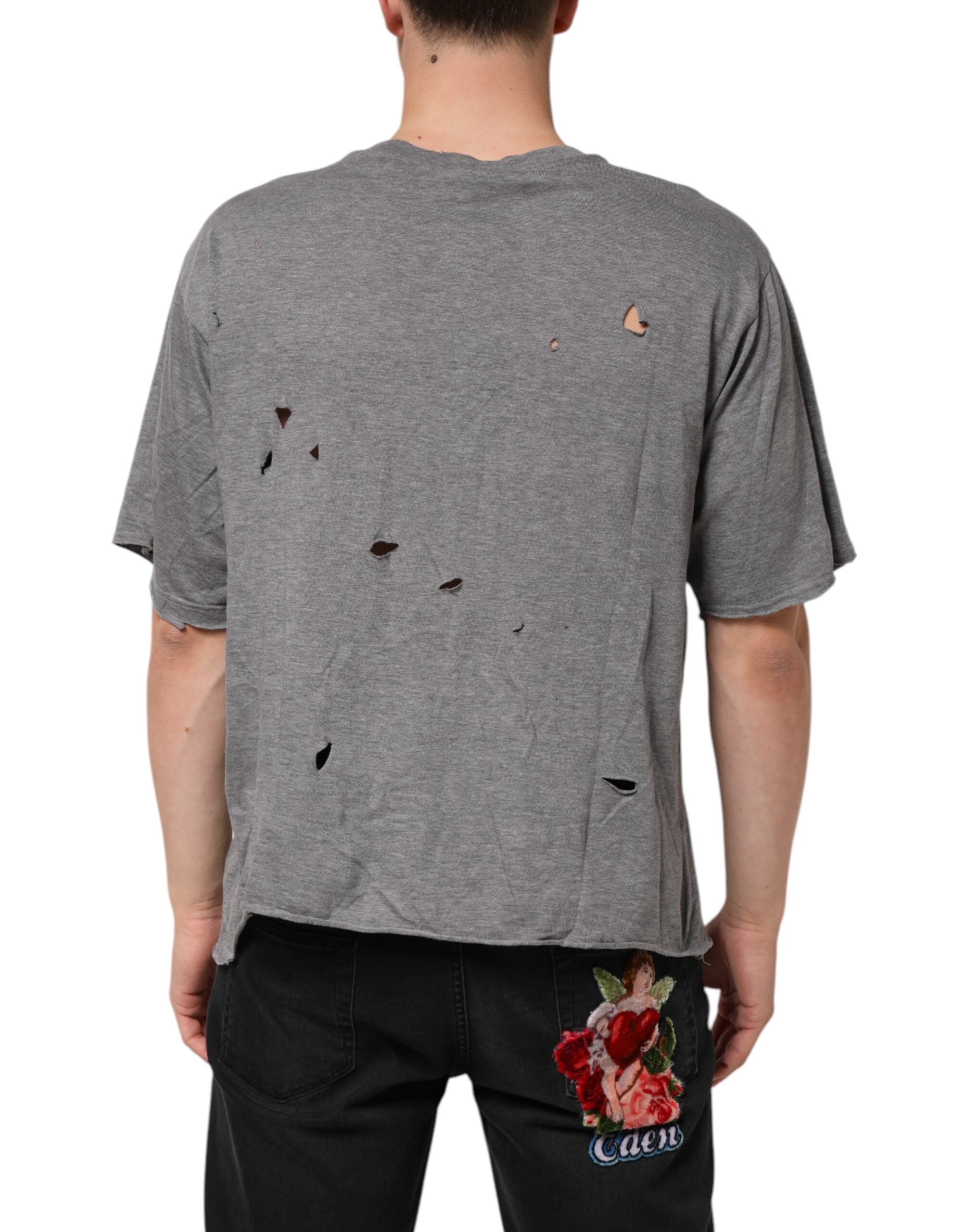 Gray Cotton Tattered Logo Patch Men T-shirt - ventzia