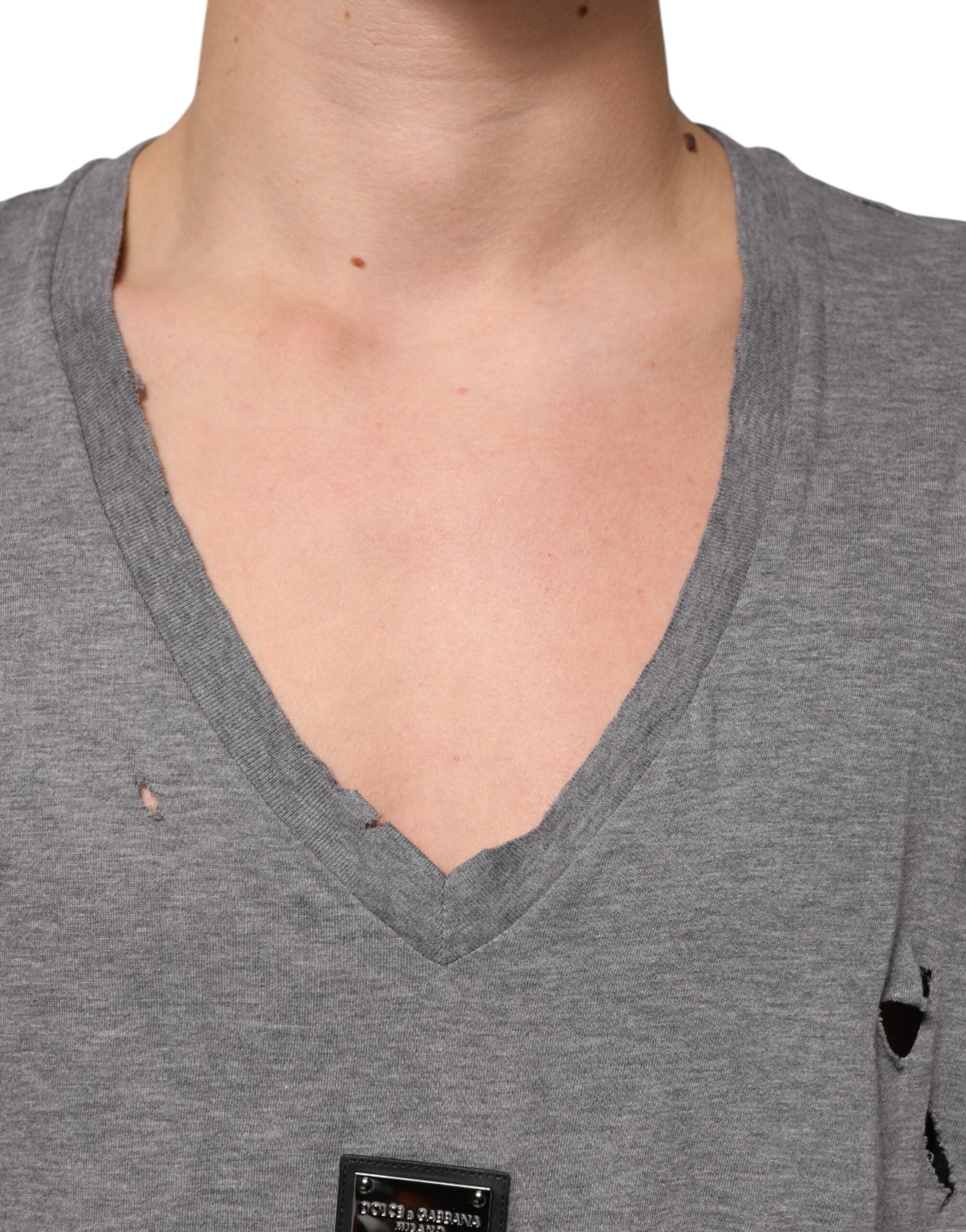 Gray Cotton Tattered Logo Patch Men T-shirt - ventzia