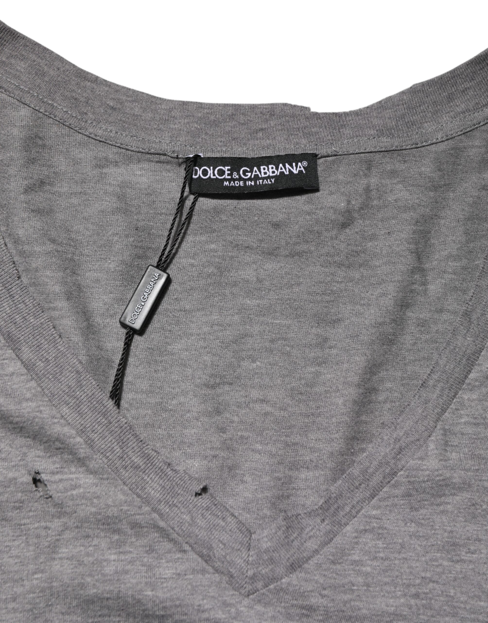 Gray Cotton Tattered Logo Patch Men T-shirt - ventzia