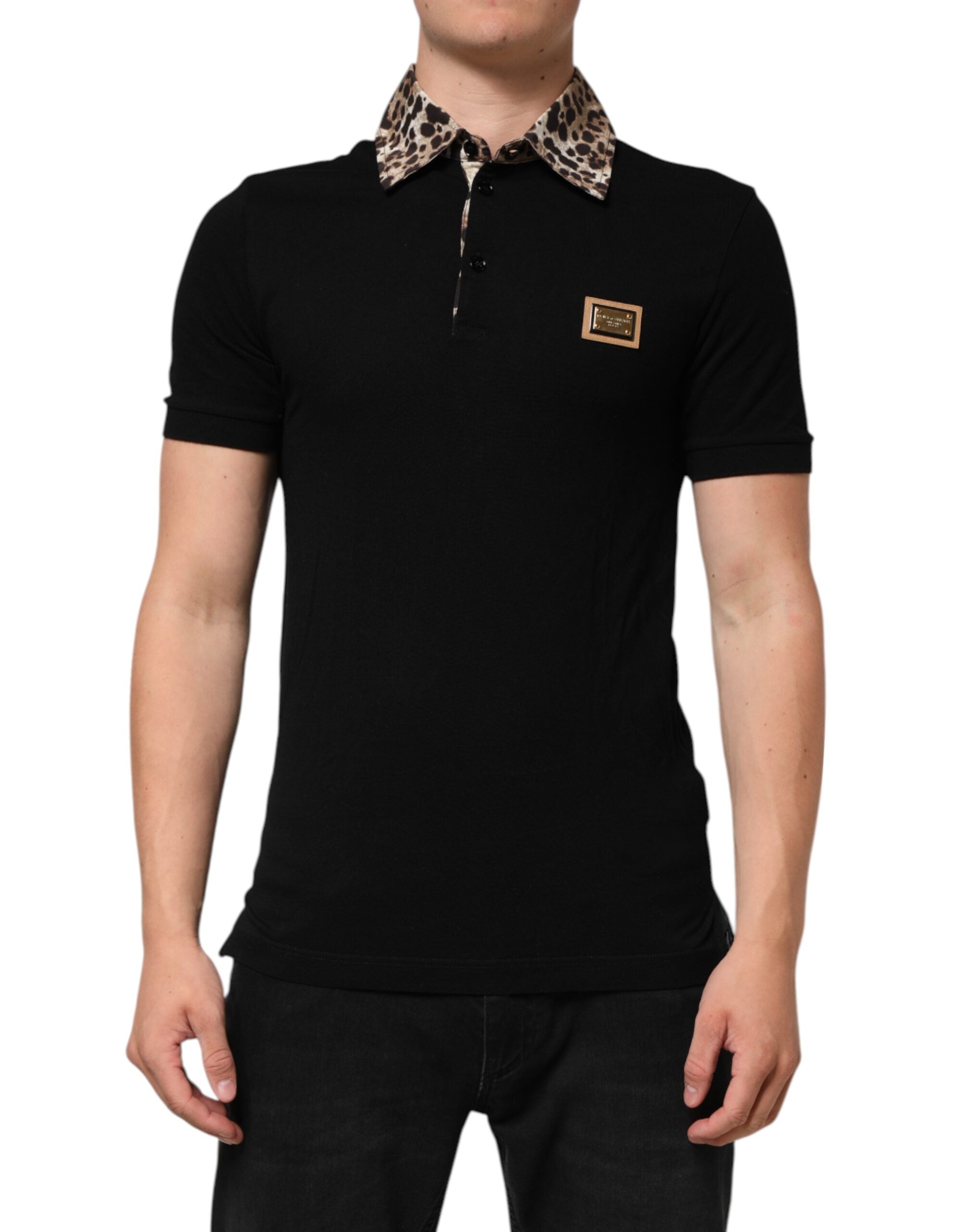 Black Cotton Leopard Collar Polo T-shirt - ventzia