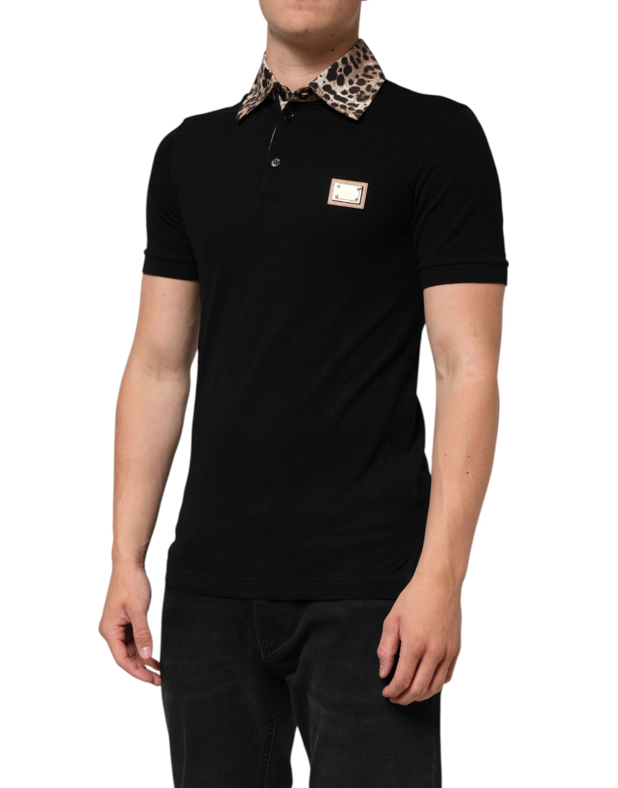 Black Cotton Leopard Collar Polo T-shirt - ventzia