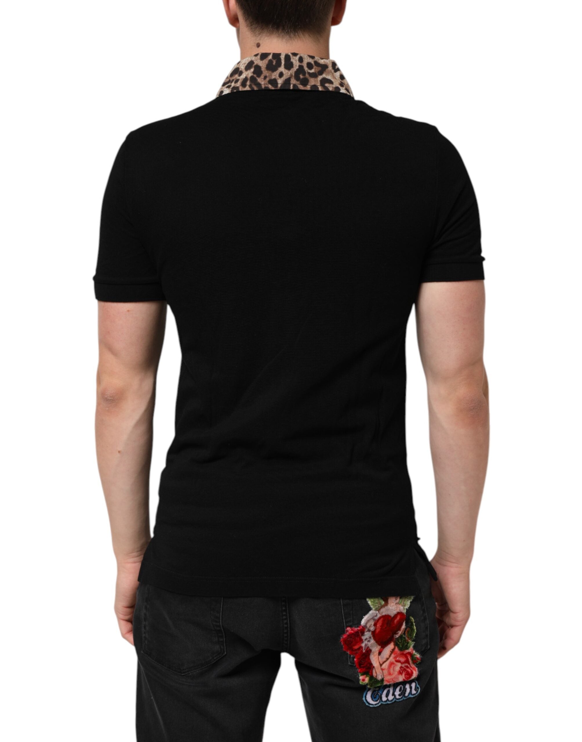 Black Cotton Leopard Collar Polo T-shirt - ventzia