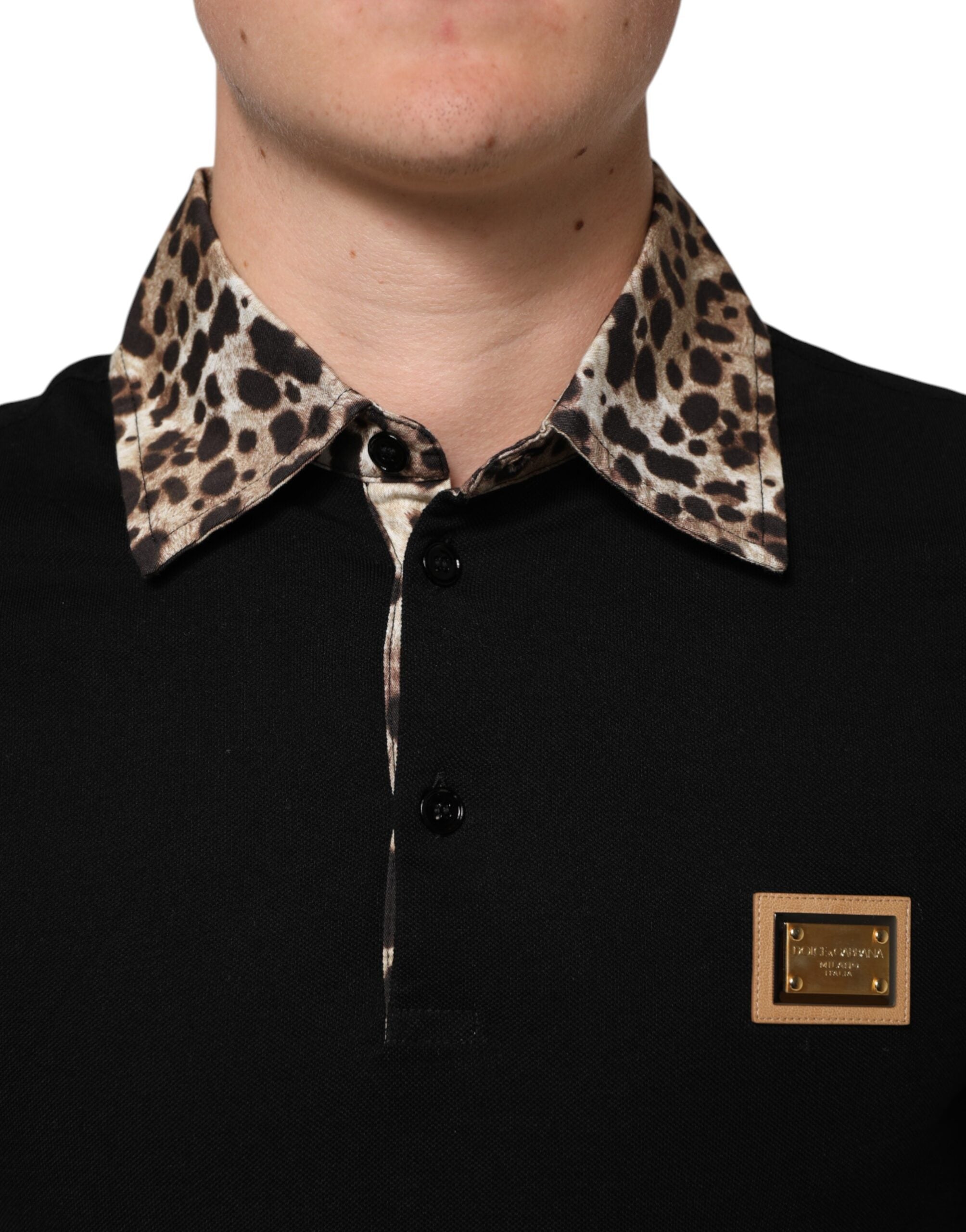 Black Cotton Leopard Collar Polo T-shirt - ventzia