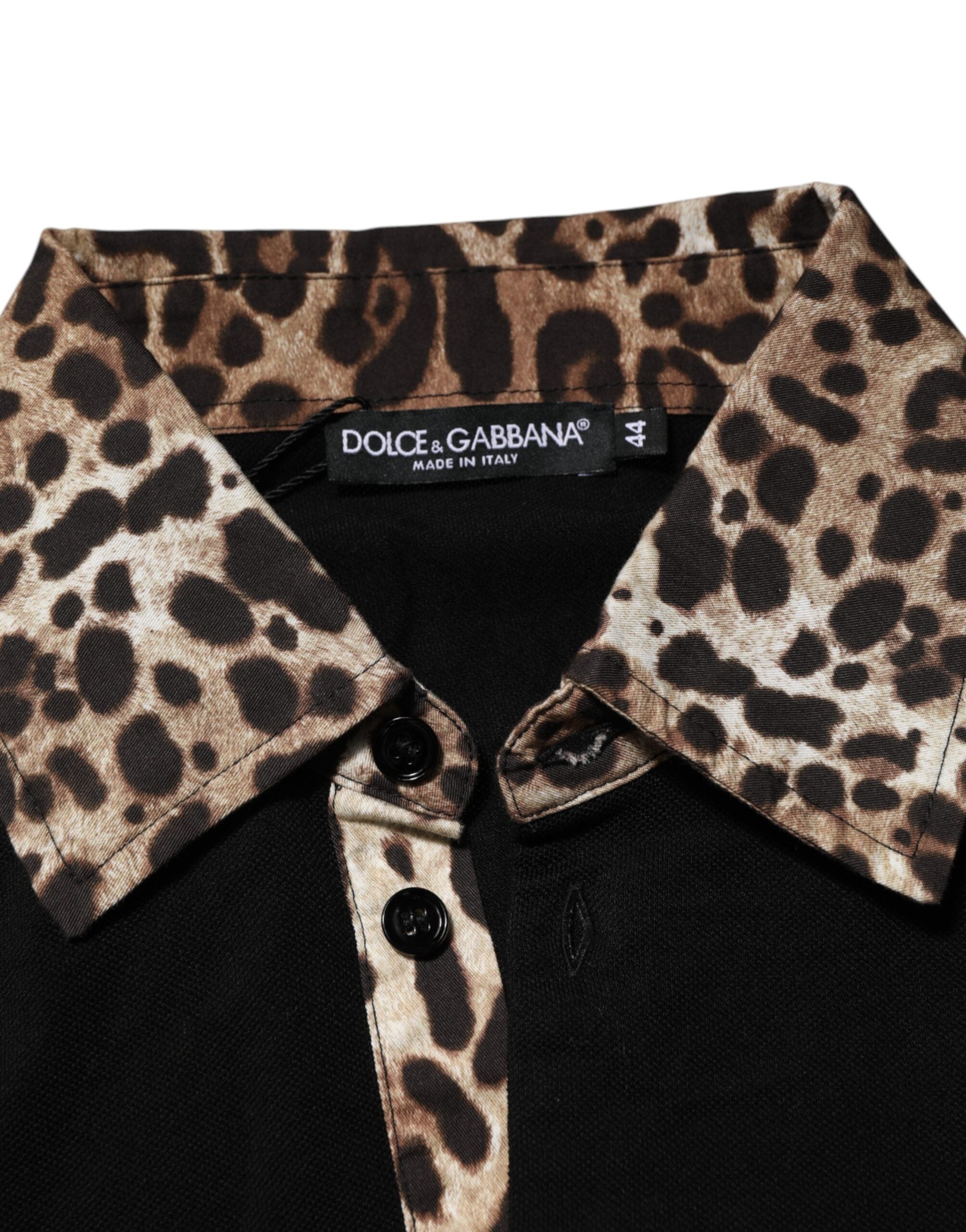 Black Cotton Leopard Collar Polo T-shirt - ventzia