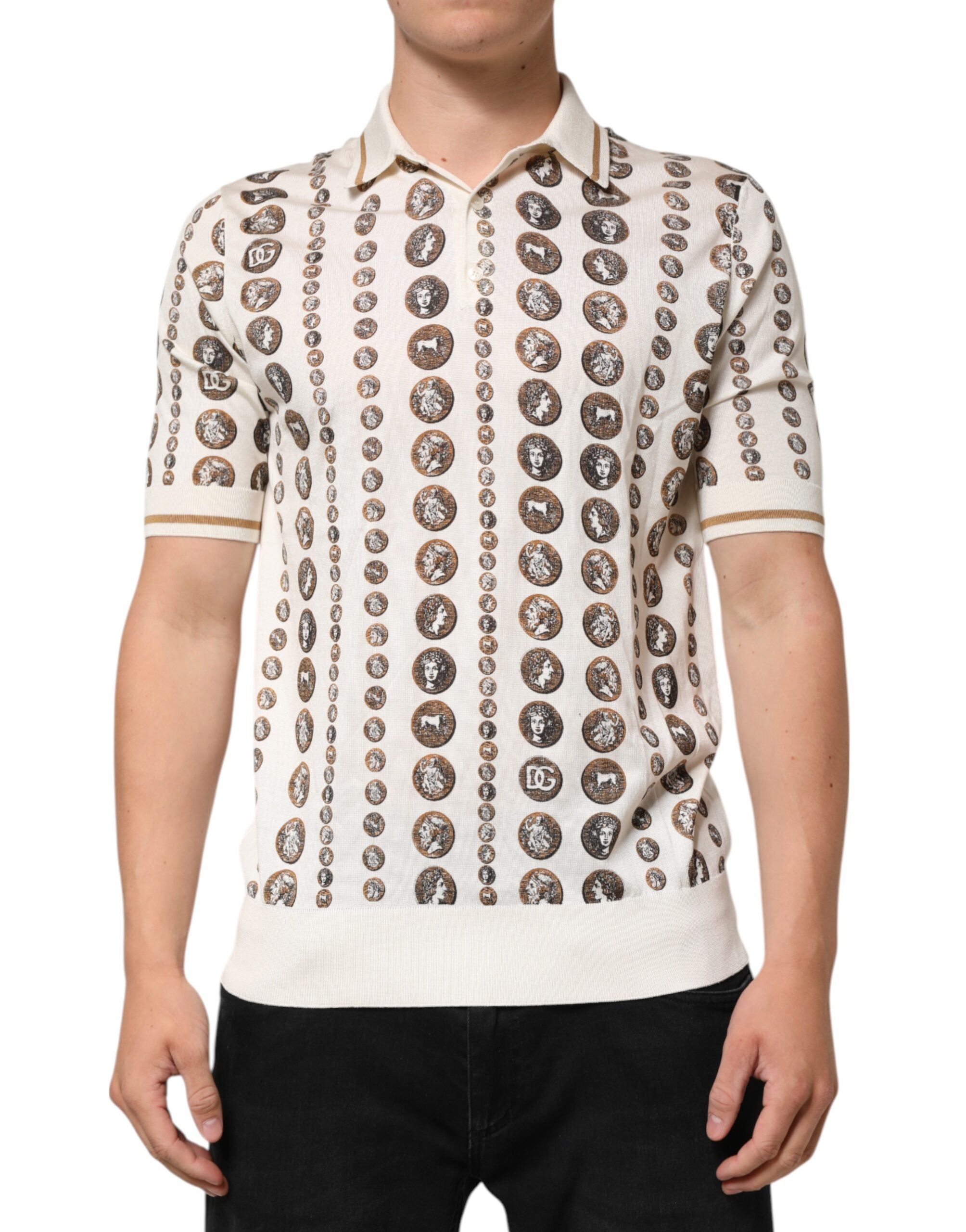 Silk Ivory Coin Print Logo Men Polo T-shirt - ventzia