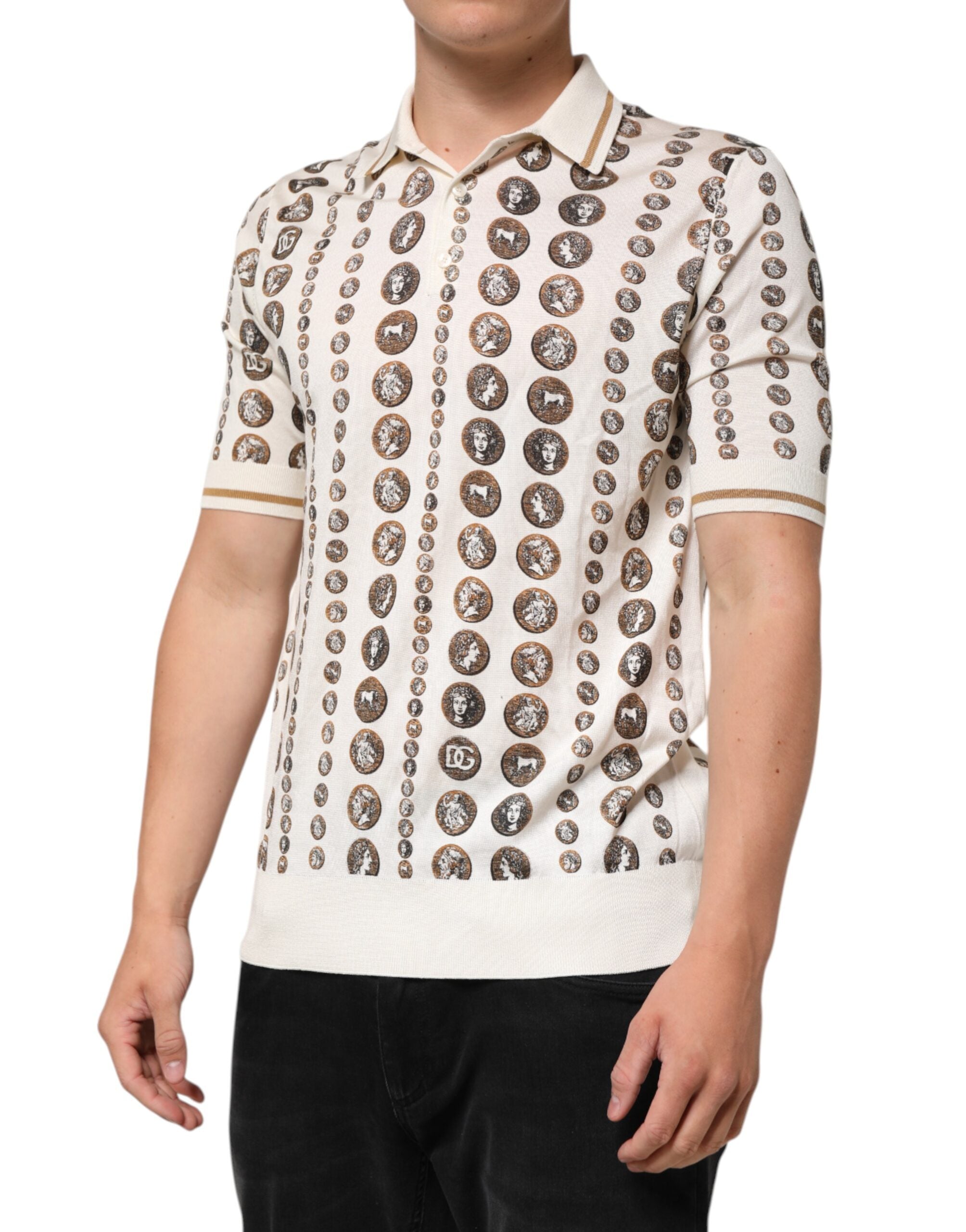 Silk Ivory Coin Print Logo Men Polo T-shirt - ventzia