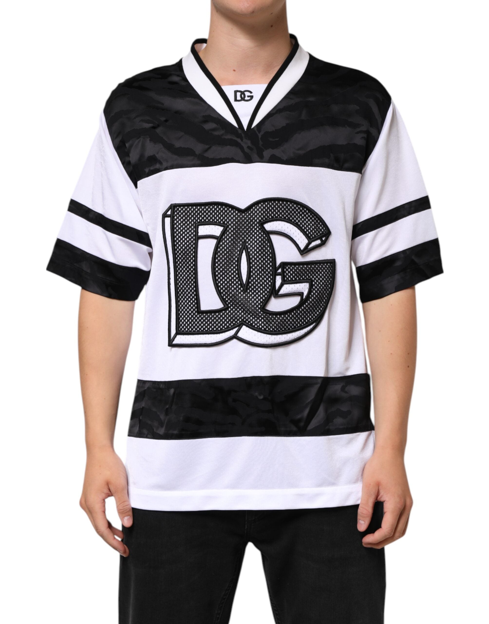 White Black Polyester DG Logo Mesh Jersey T-shirt - ventzia