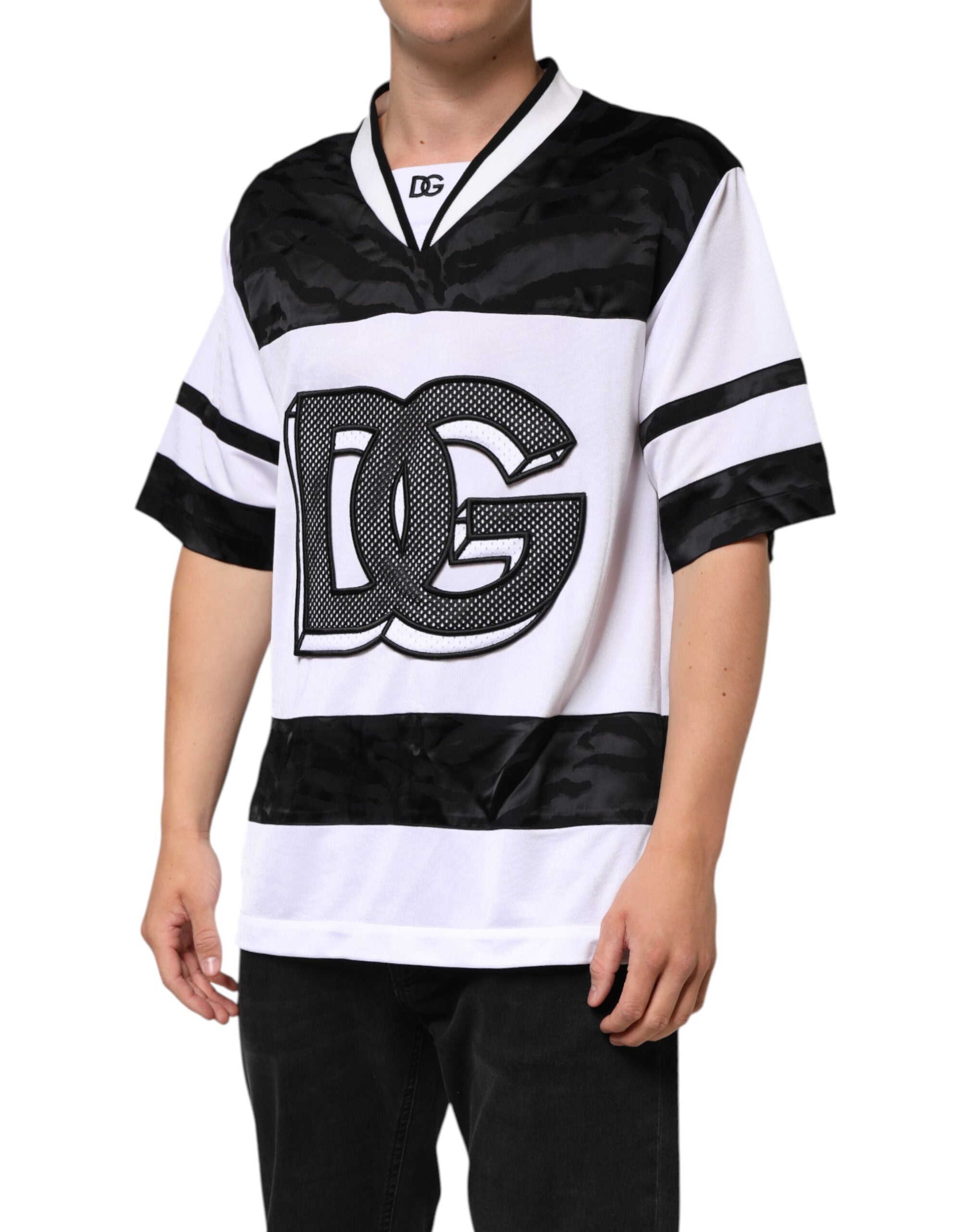 White Black Polyester DG Logo Mesh Jersey T-shirt - ventzia
