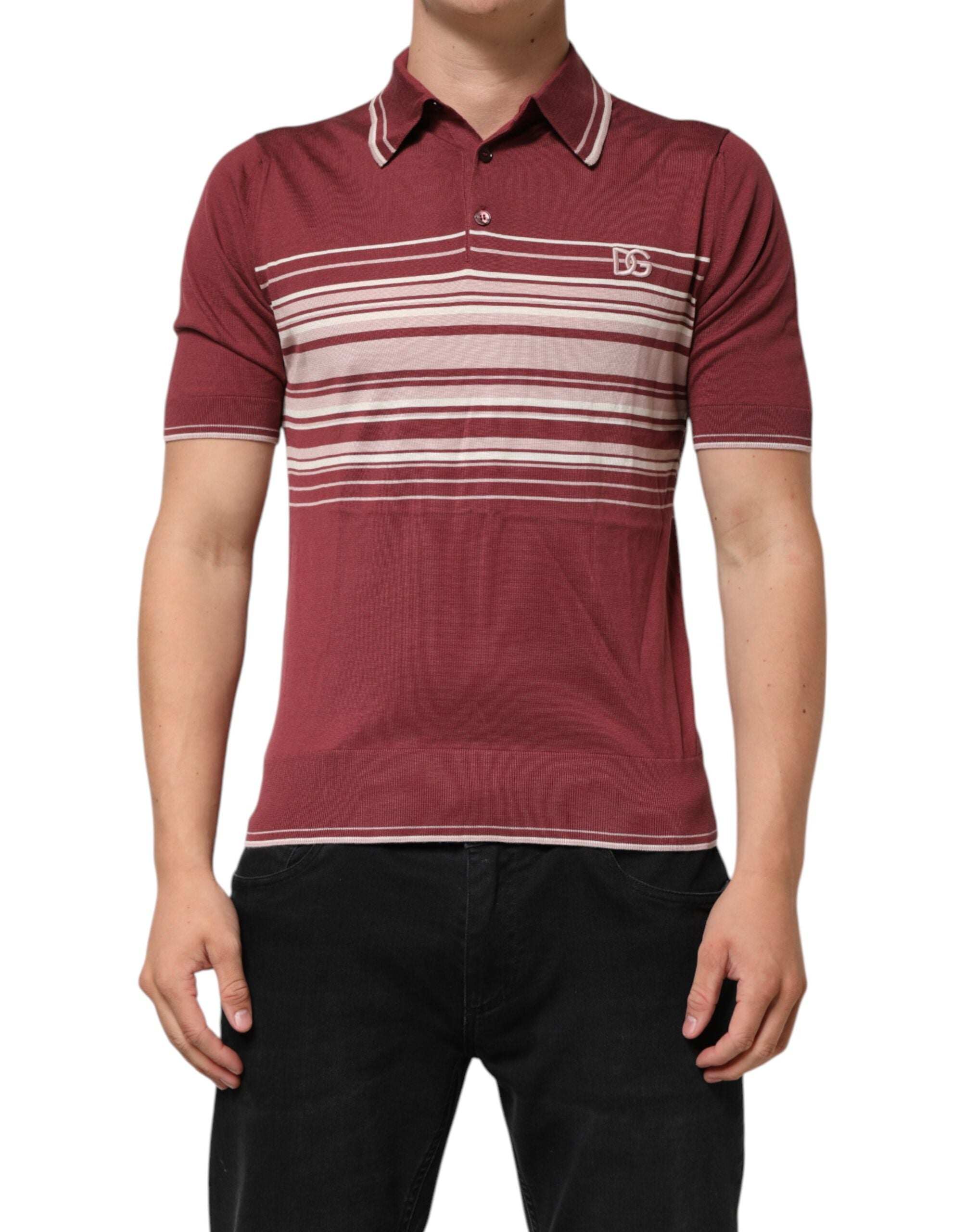 Cotton Burgundy Striped DG Logo Polo  T-shirt - ventzia