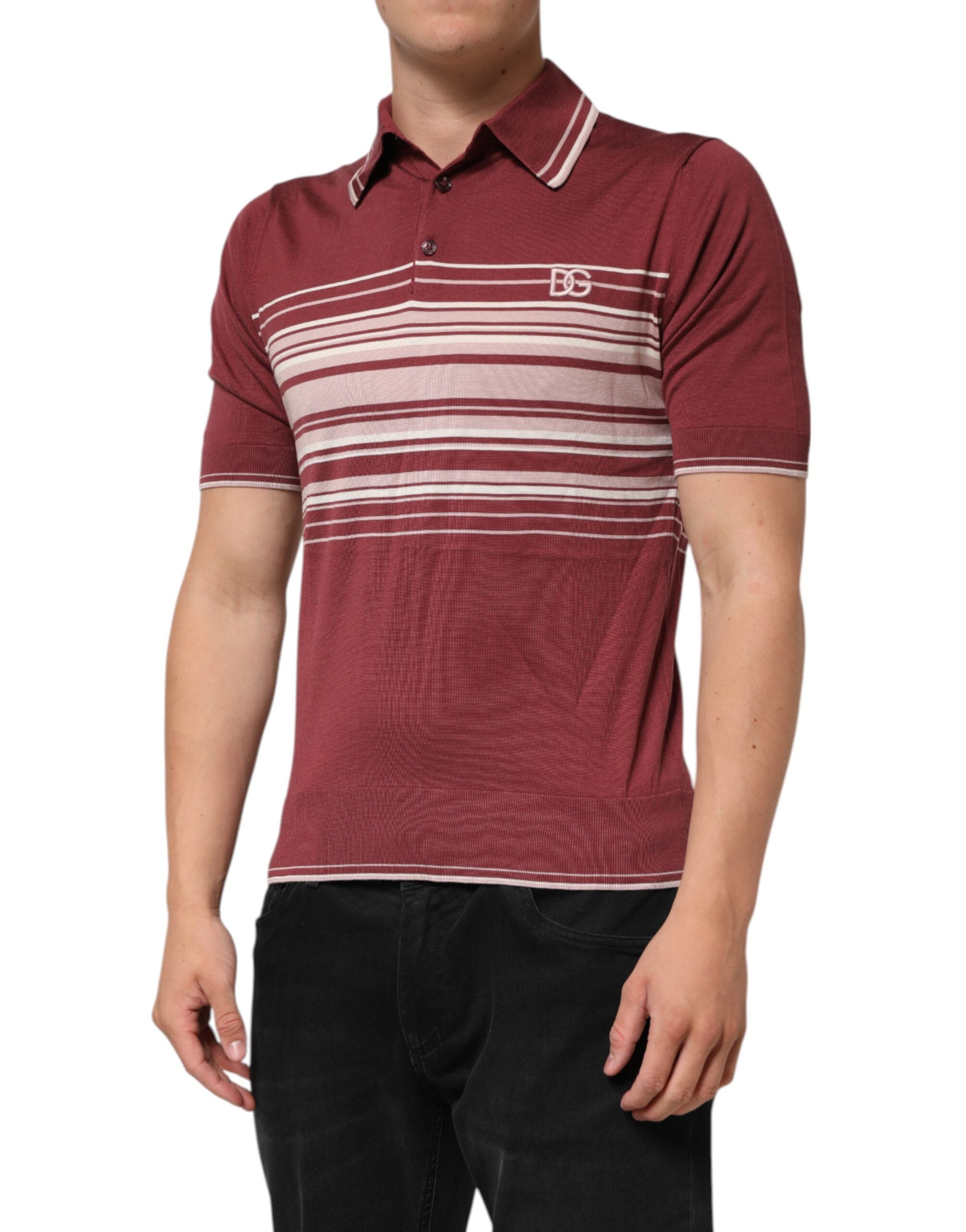 Cotton Burgundy Striped DG Logo Polo  T-shirt - ventzia