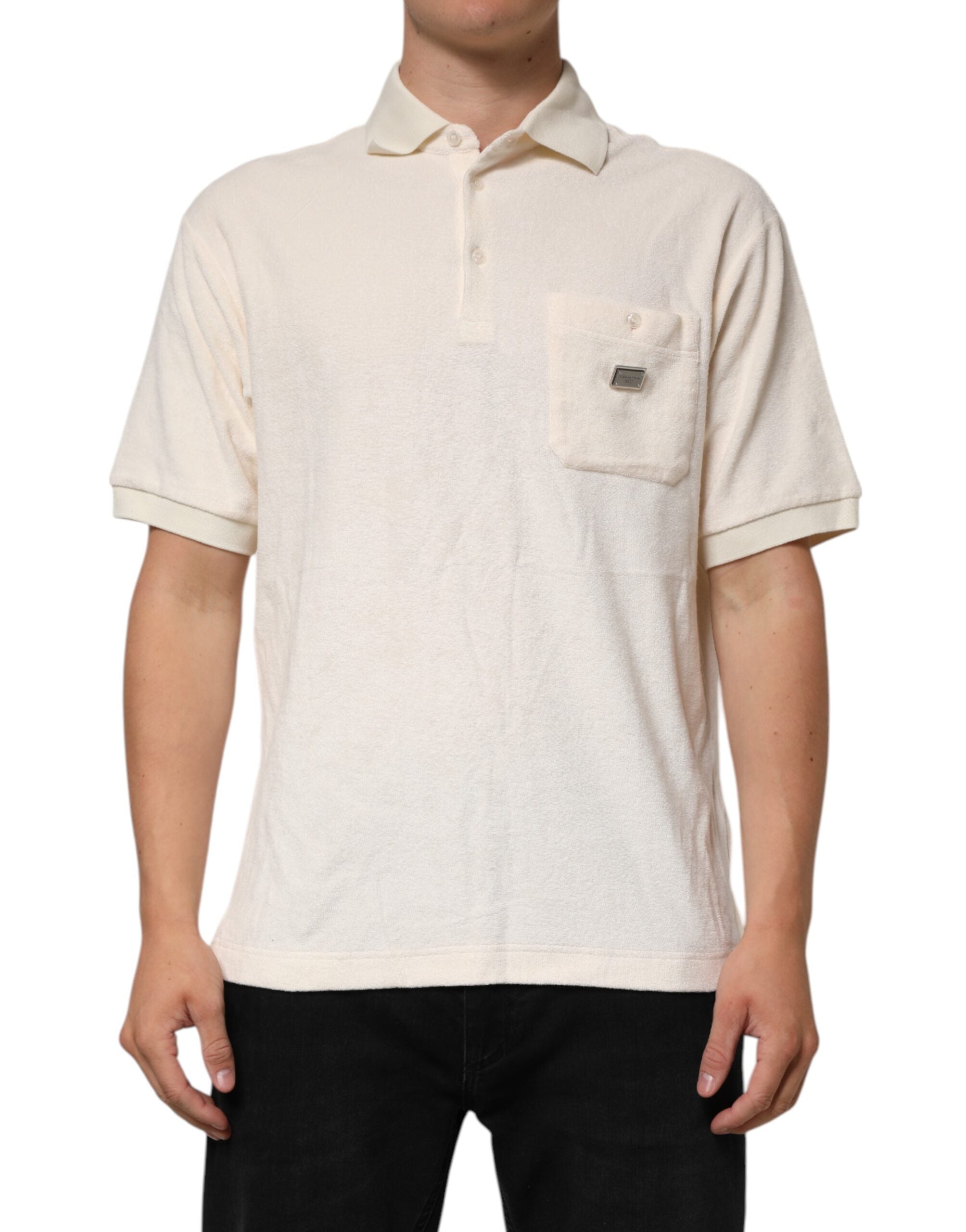 Ivory Cotton Terry Logo Pocket Polo T-shirt - ventzia