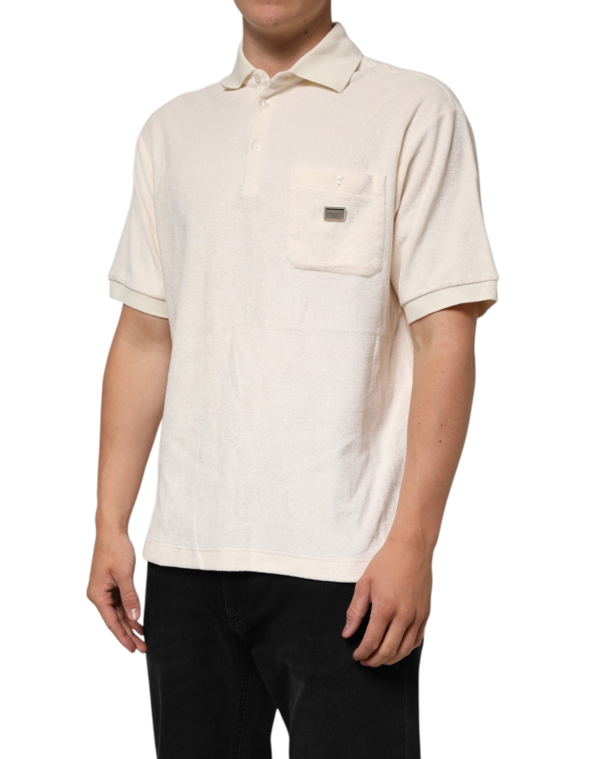 Ivory Cotton Terry Logo Pocket Polo T-shirt - ventzia