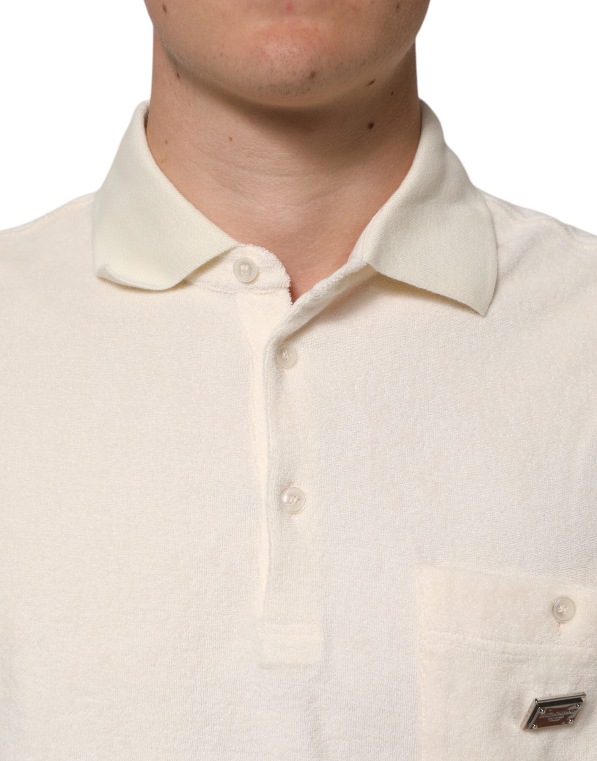Ivory Cotton Terry Logo Pocket Polo T-shirt - ventzia