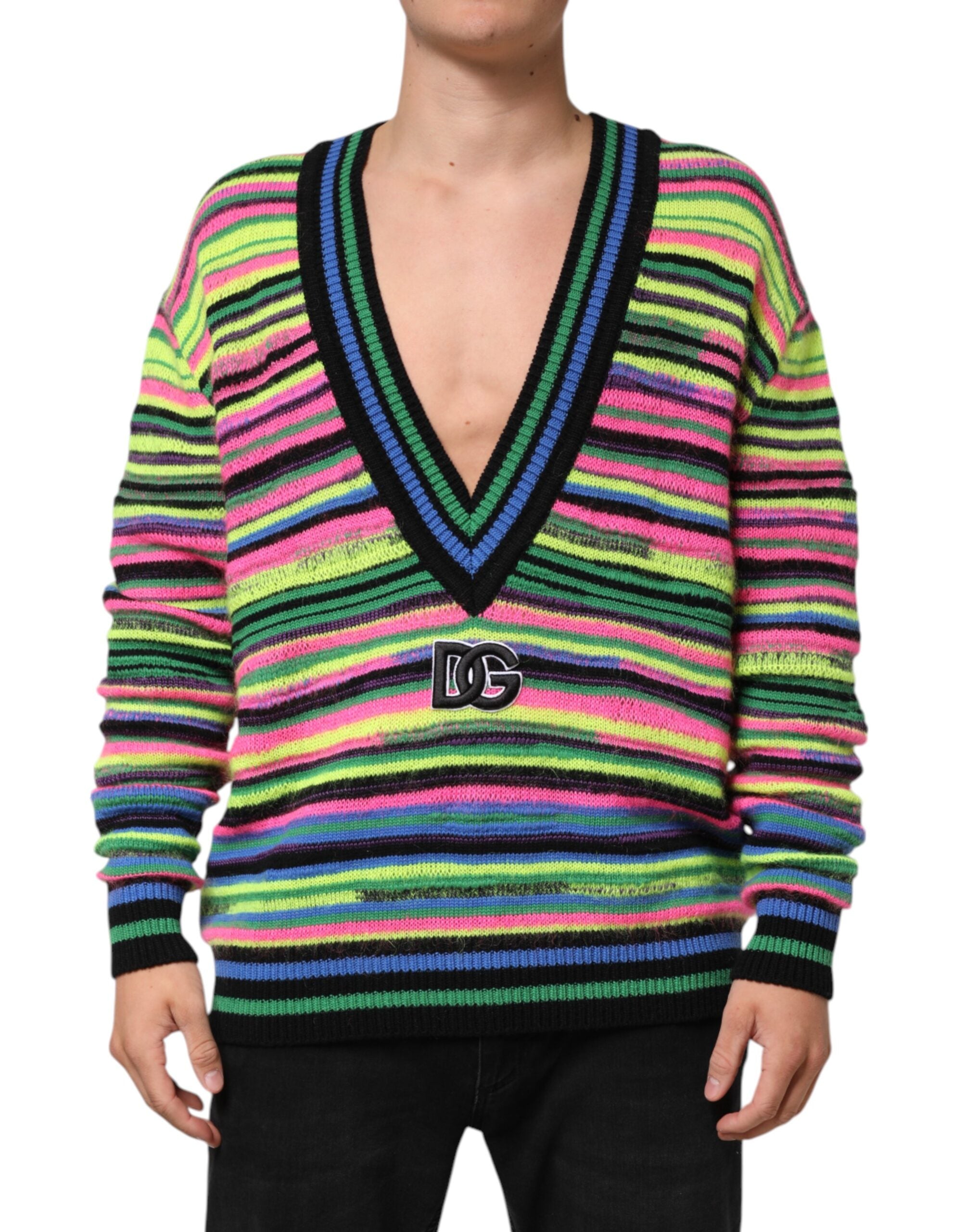 Multicolor DG Logo V-Neck Knit Pullover Sweater - ventzia