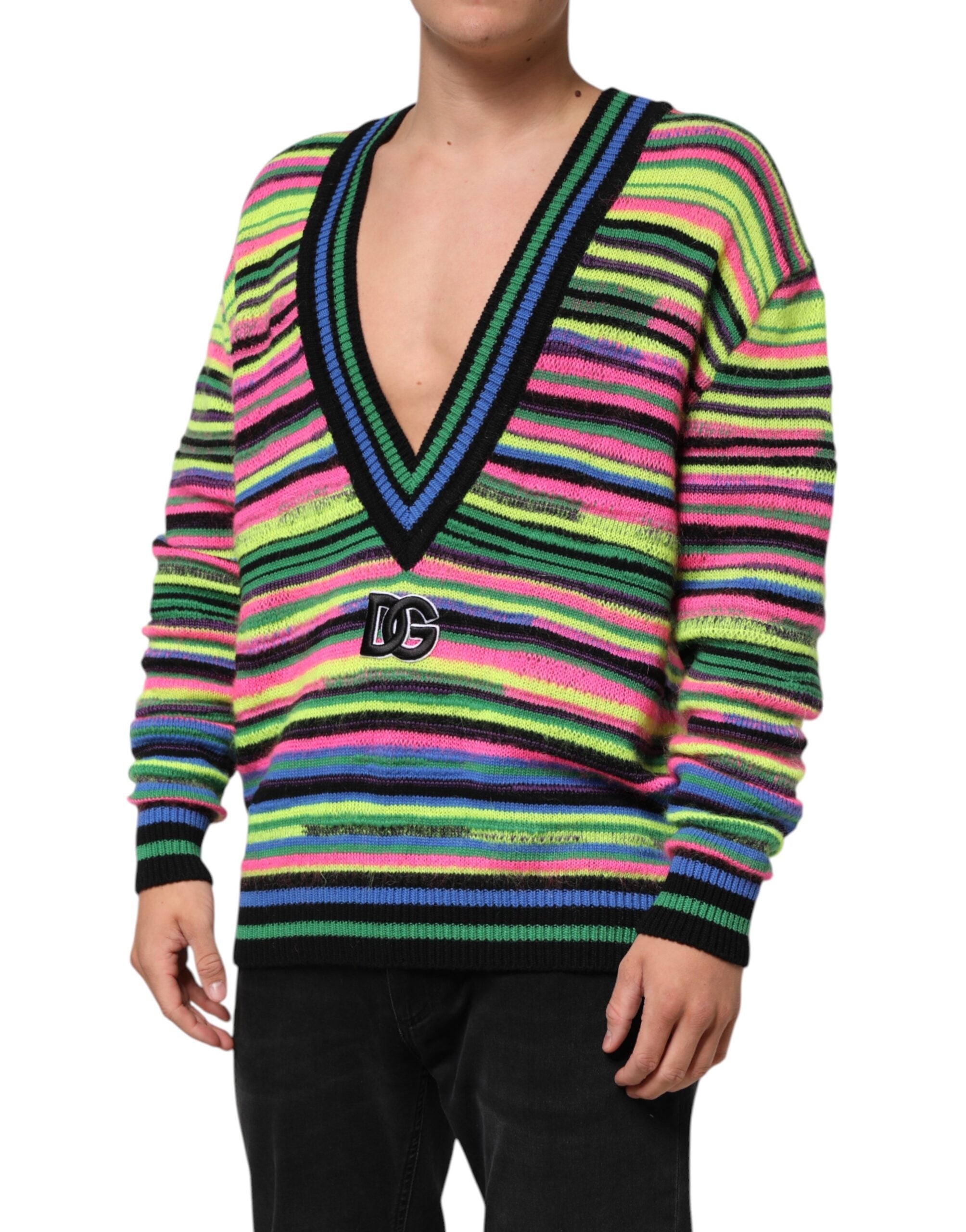 Multicolor DG Logo V-Neck Knit Pullover Sweater - ventzia